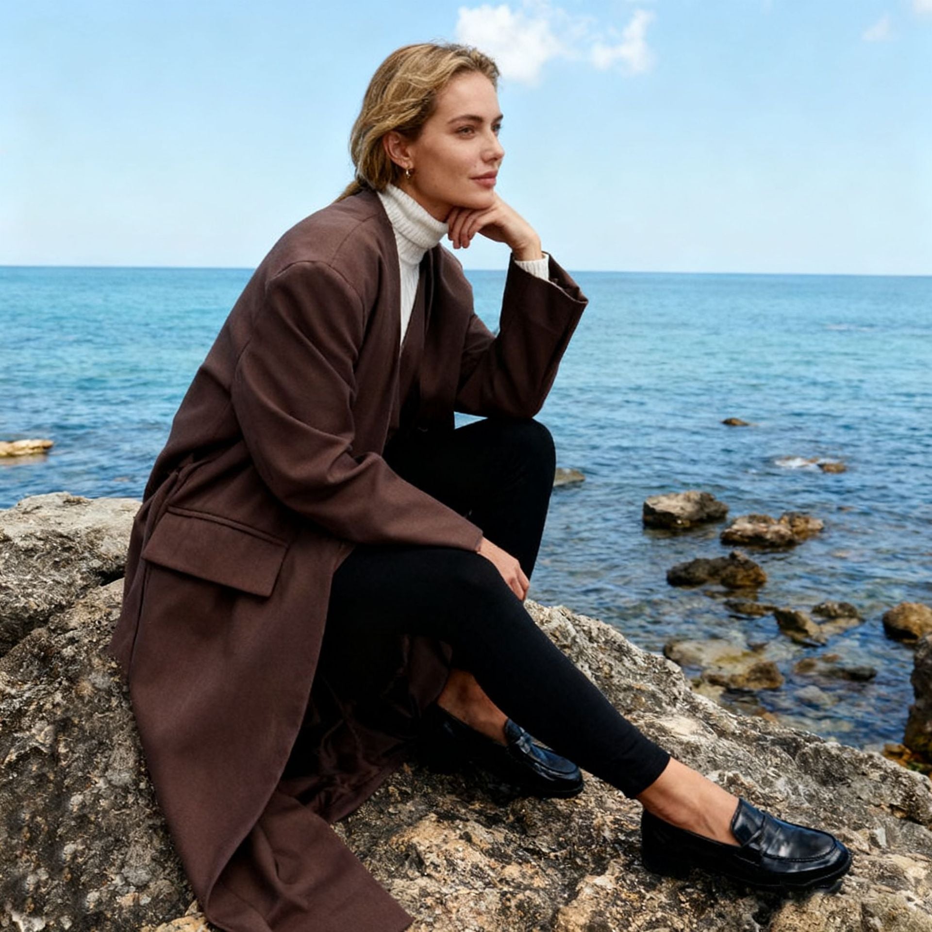 Image of Women's brown v-neck double-breasted trench coat
