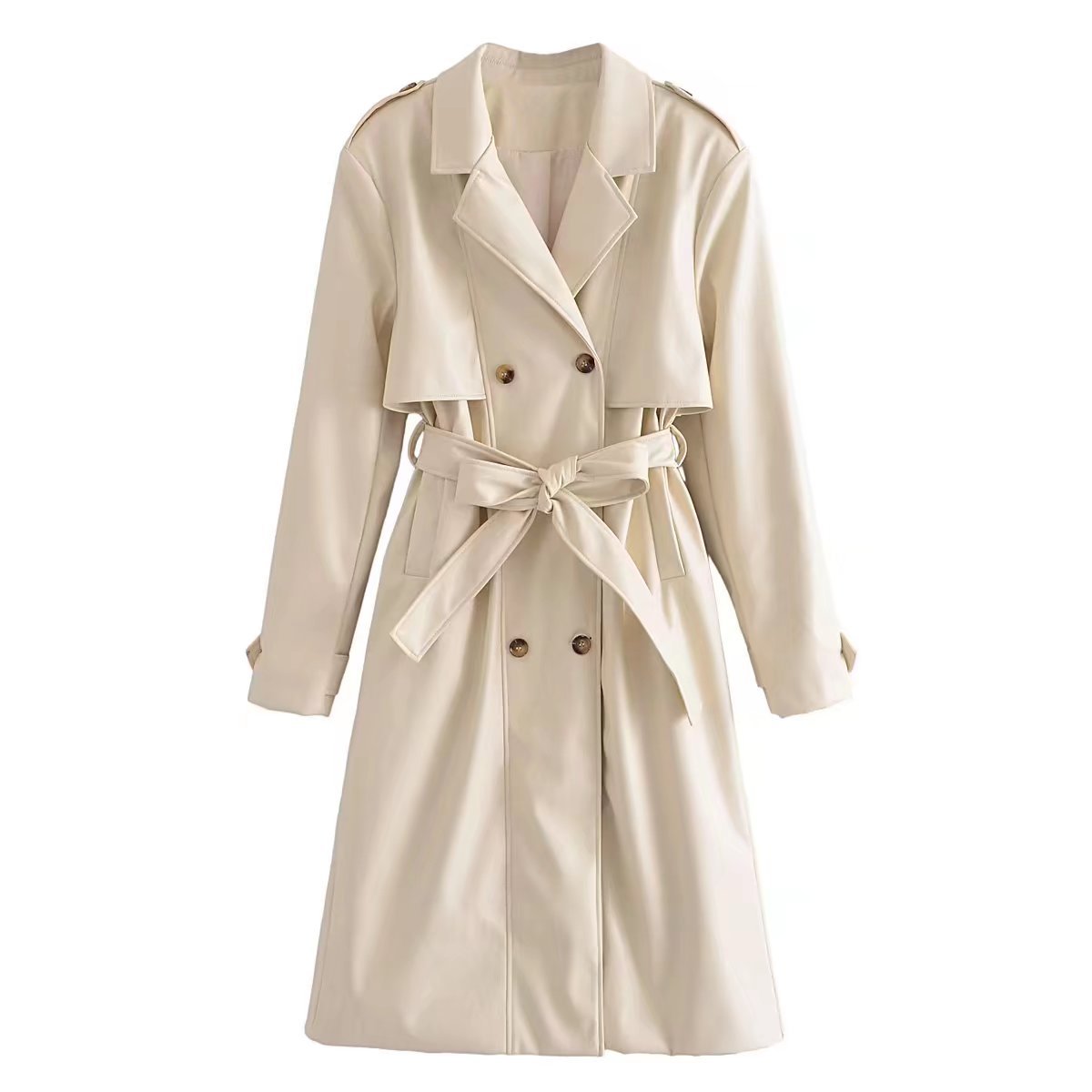 Image of Trench coat de mujer de piel sintética con doble botonadura y cinturón