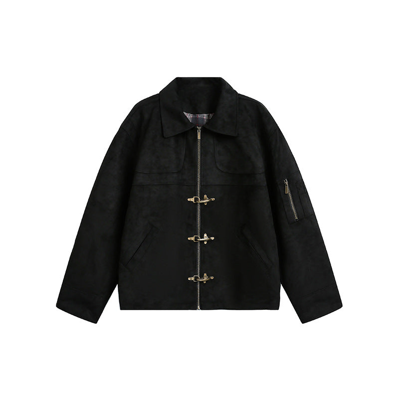 Image of Chaqueta unisex vintage de poliéster con botones a presión y efecto desgastado