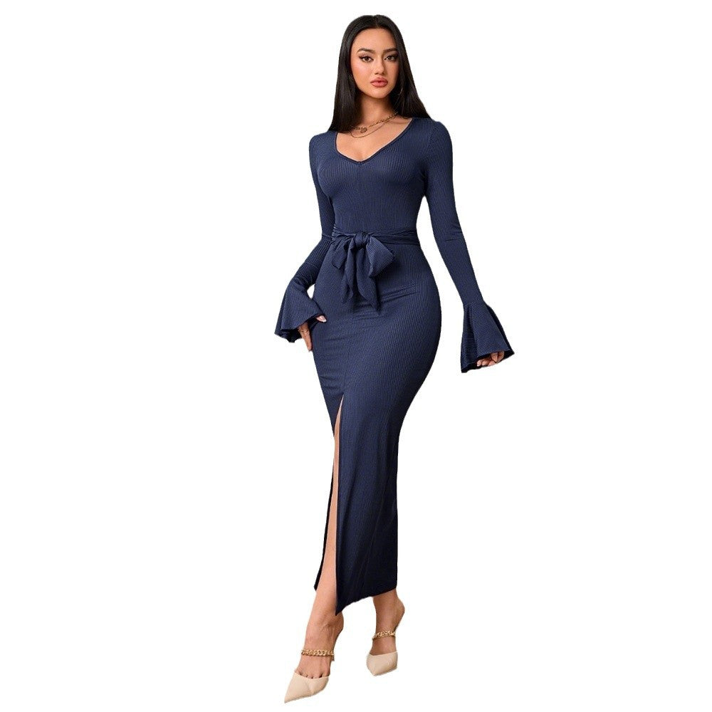 Image of Vestido largo con cuello en V y cordones para mujer