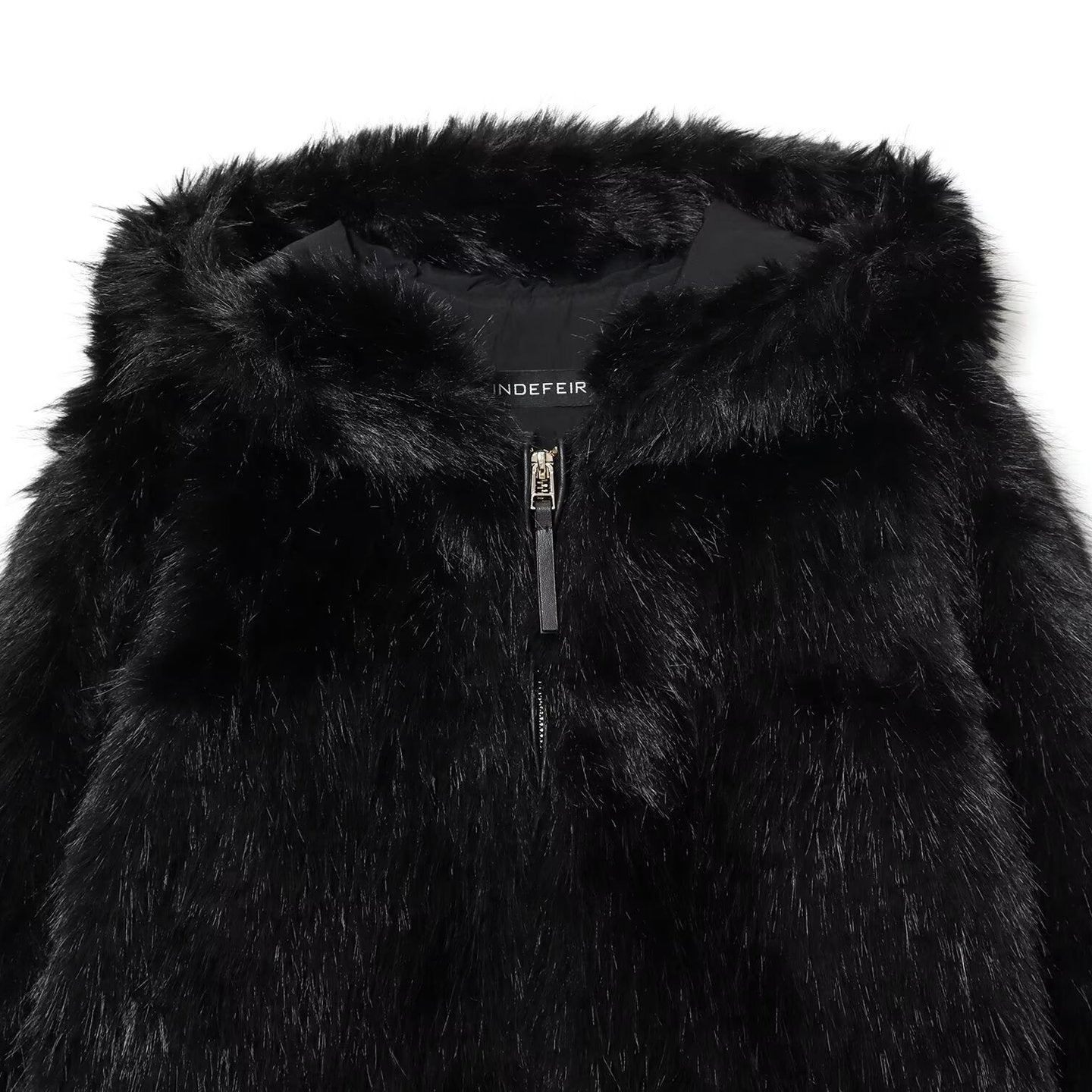 Image of Black hooded fur-effect zip-up jacket