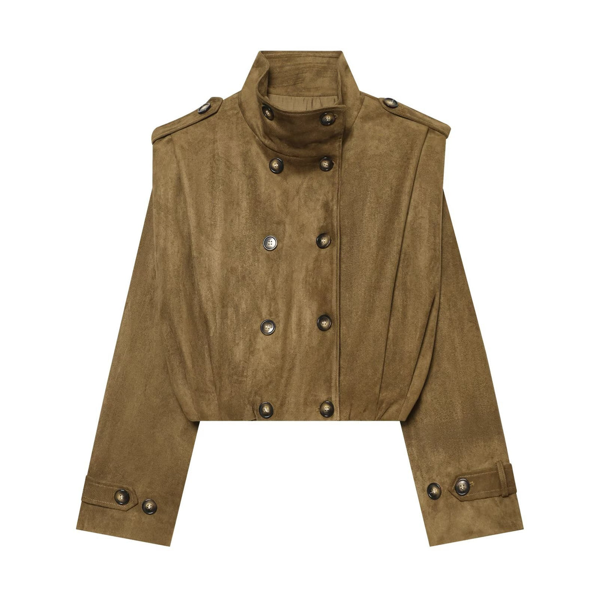 Gabardina color camel con cuello mao y pliegues para mujer