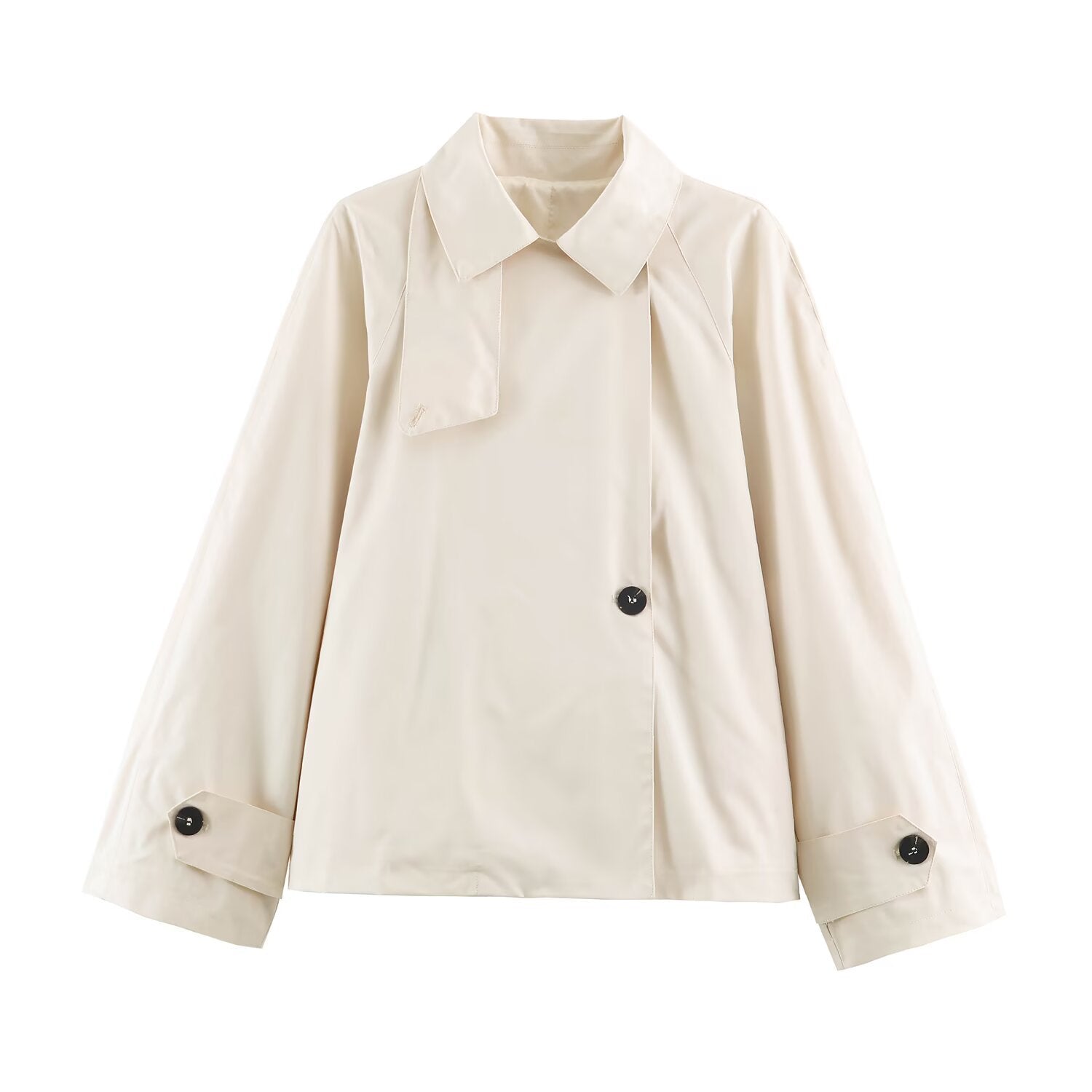 Image of Gabardina asimétrica de mujer en color beige con solapa de botones