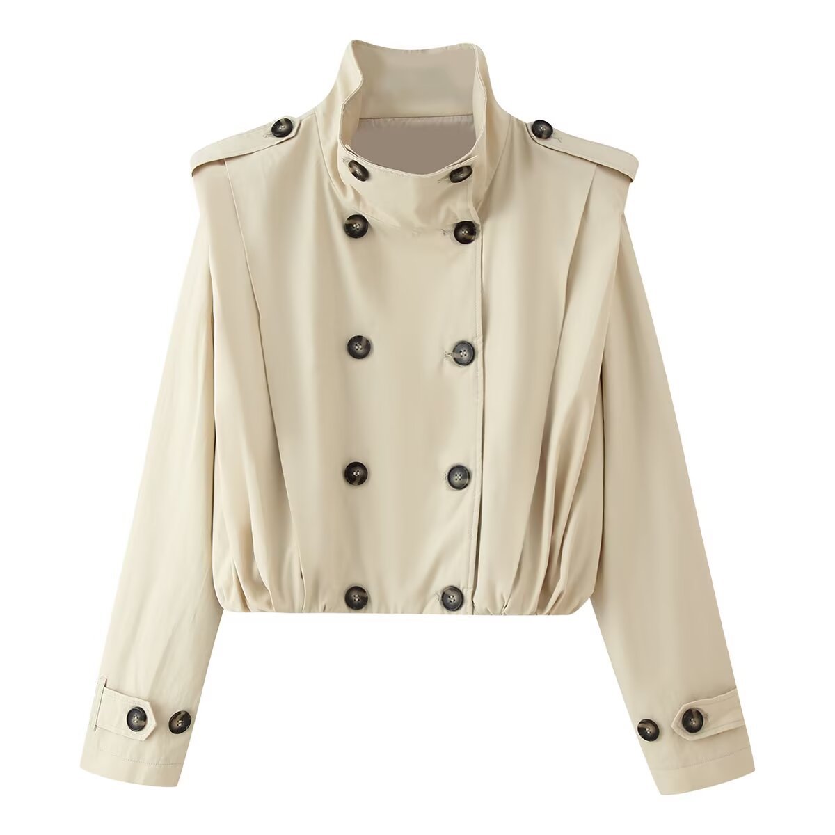 Trench coat beige plisado con cuello mao para mujer