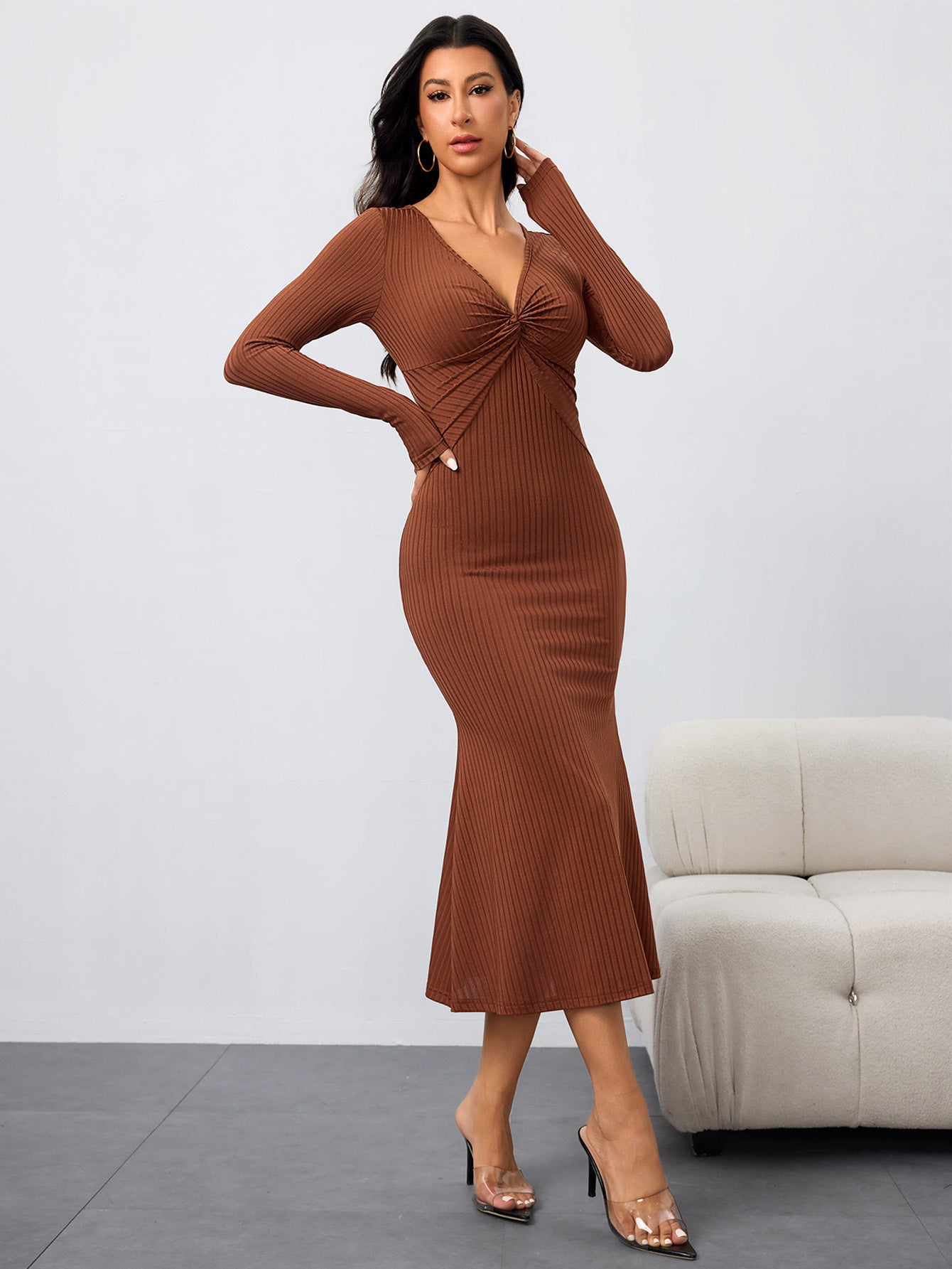 Image of Women's Brown Pleated Fishtail Maxi Dress