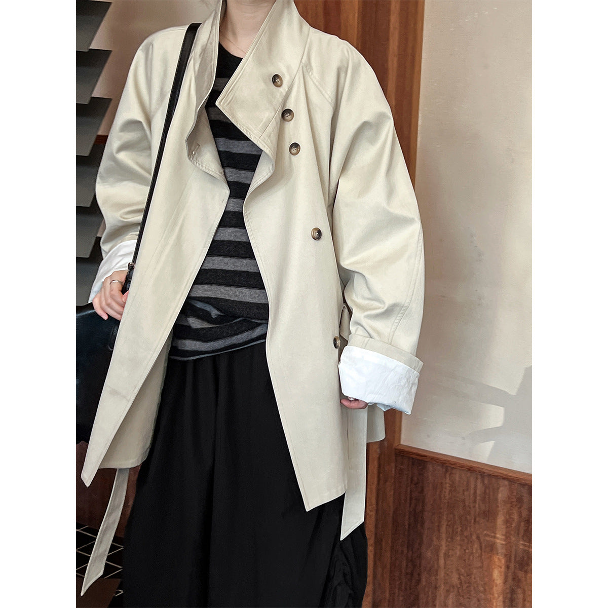 Image of Women's lace-up stand collar short trench coat
