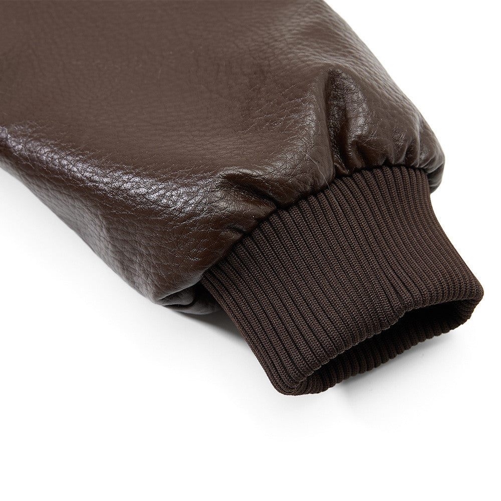 Stand collar faux leather utility zip-up jacket