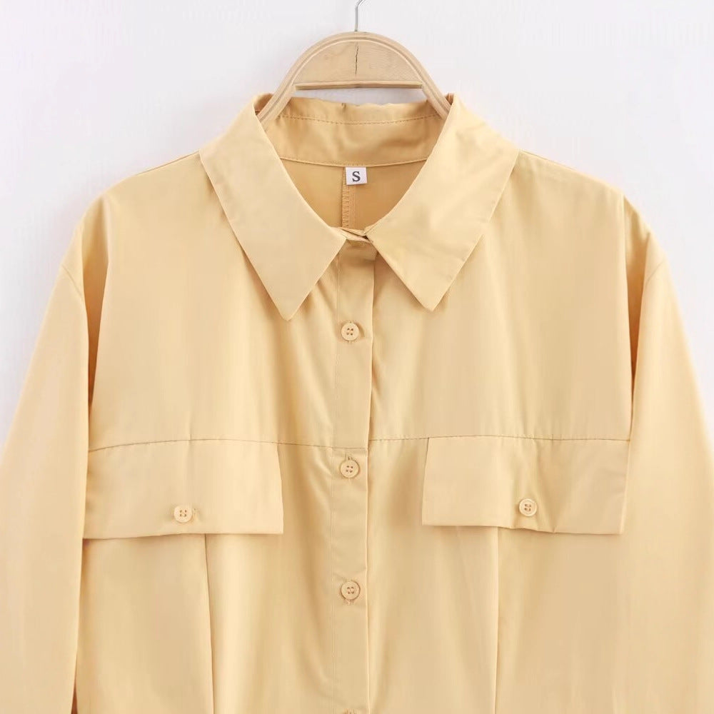 Vestido camisero amarillo de estilo gabardina con cuello para mujer