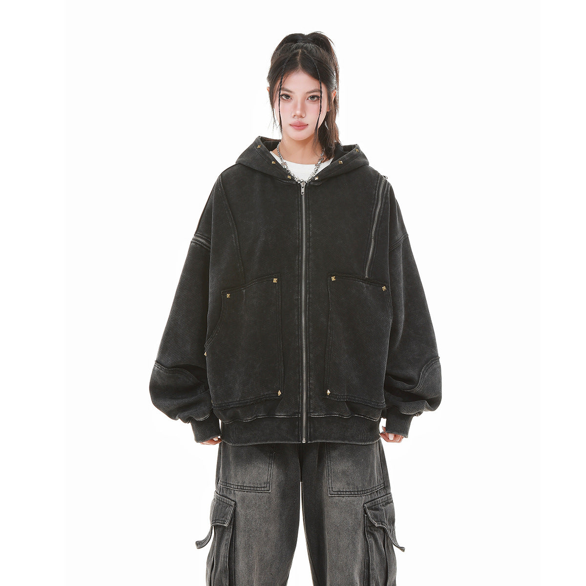 Image of Sudadera con capucha y cremallera de mezcla de algodón, corte holgado