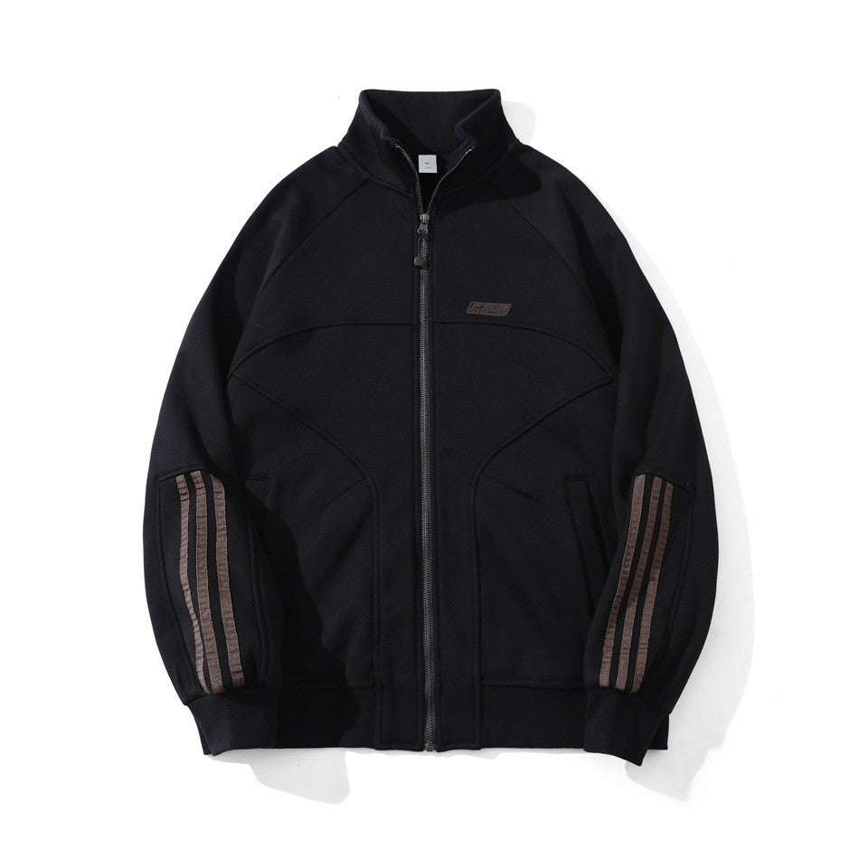 Image of Fleece-lined stand collar cotton zip-up hoodie