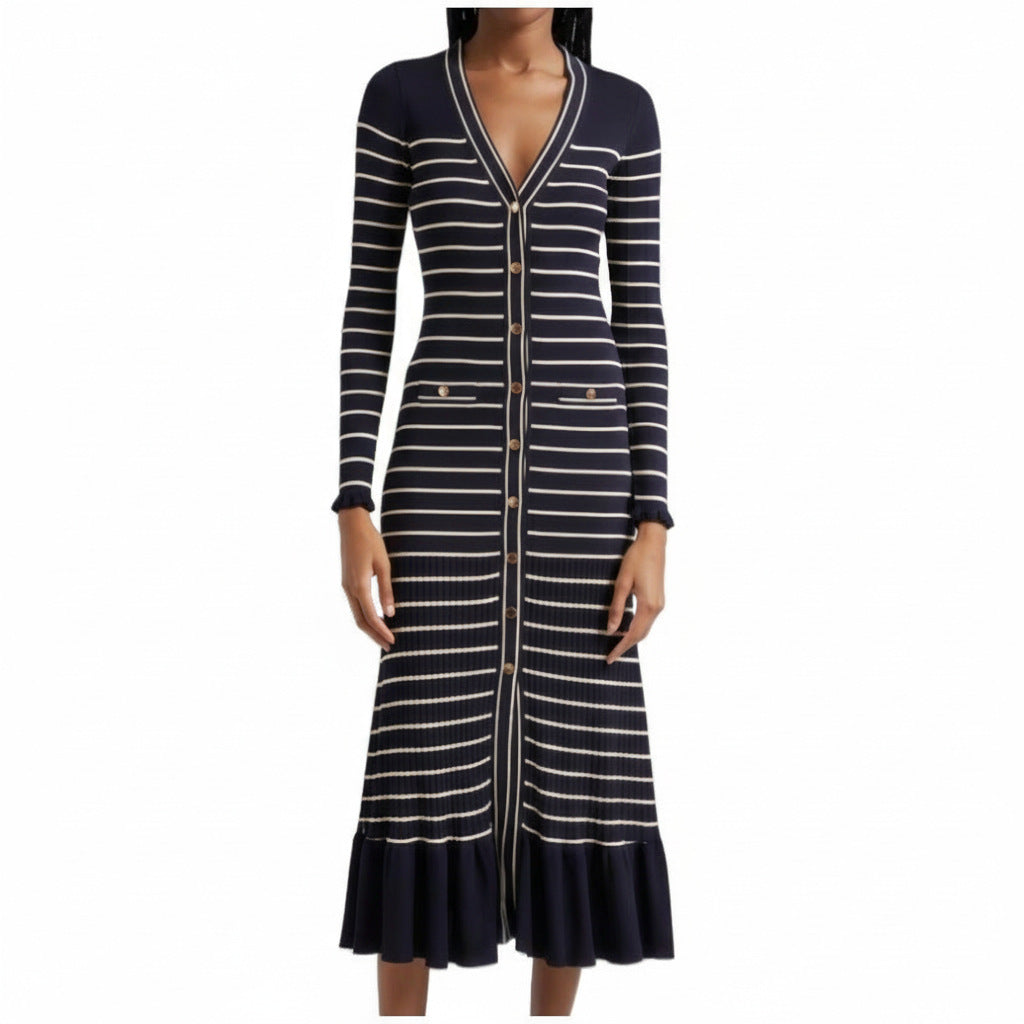 Vestido largo de punto con cuello en V y rayas para mujer