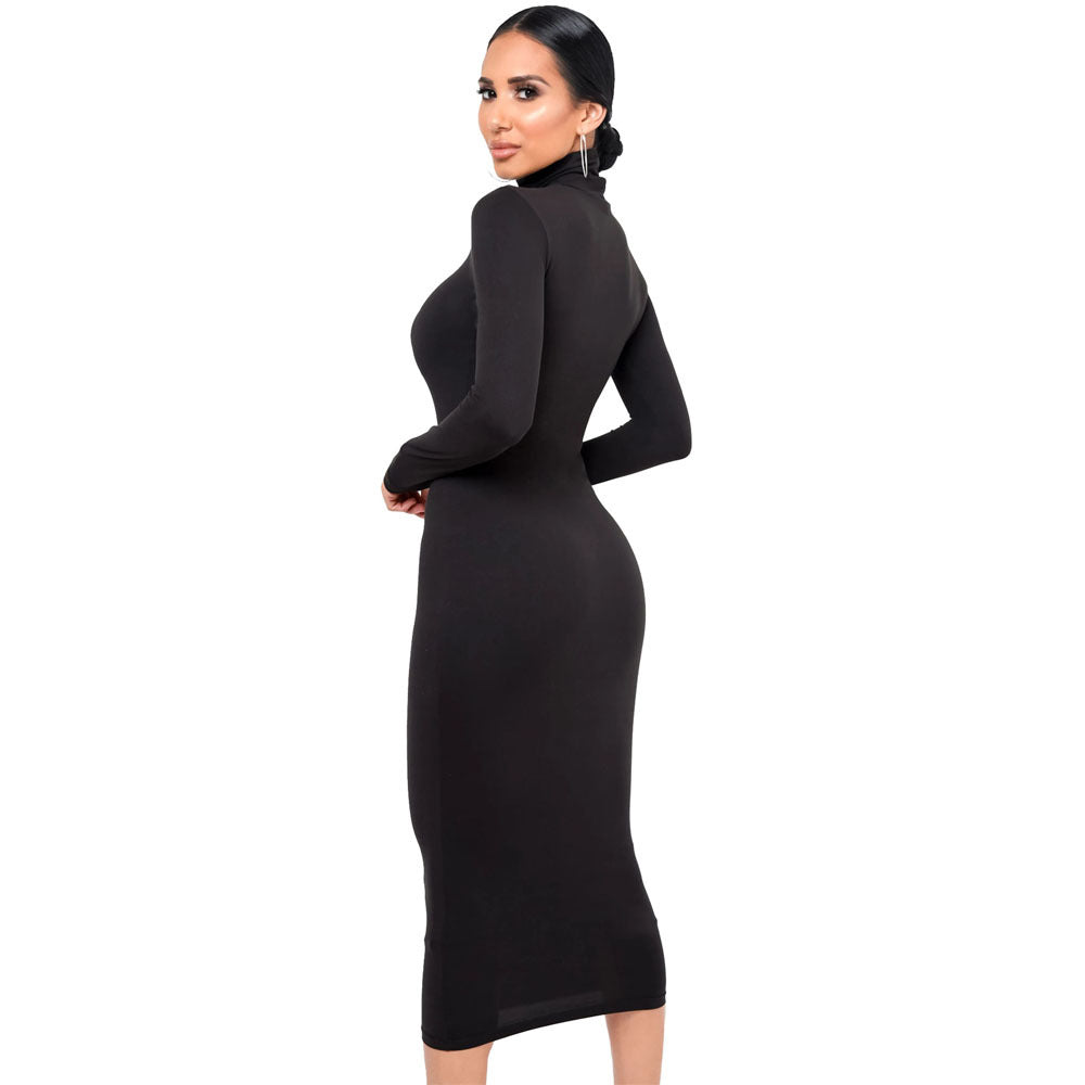 Image of Vestido midi entallado de cuello redondo para mujer