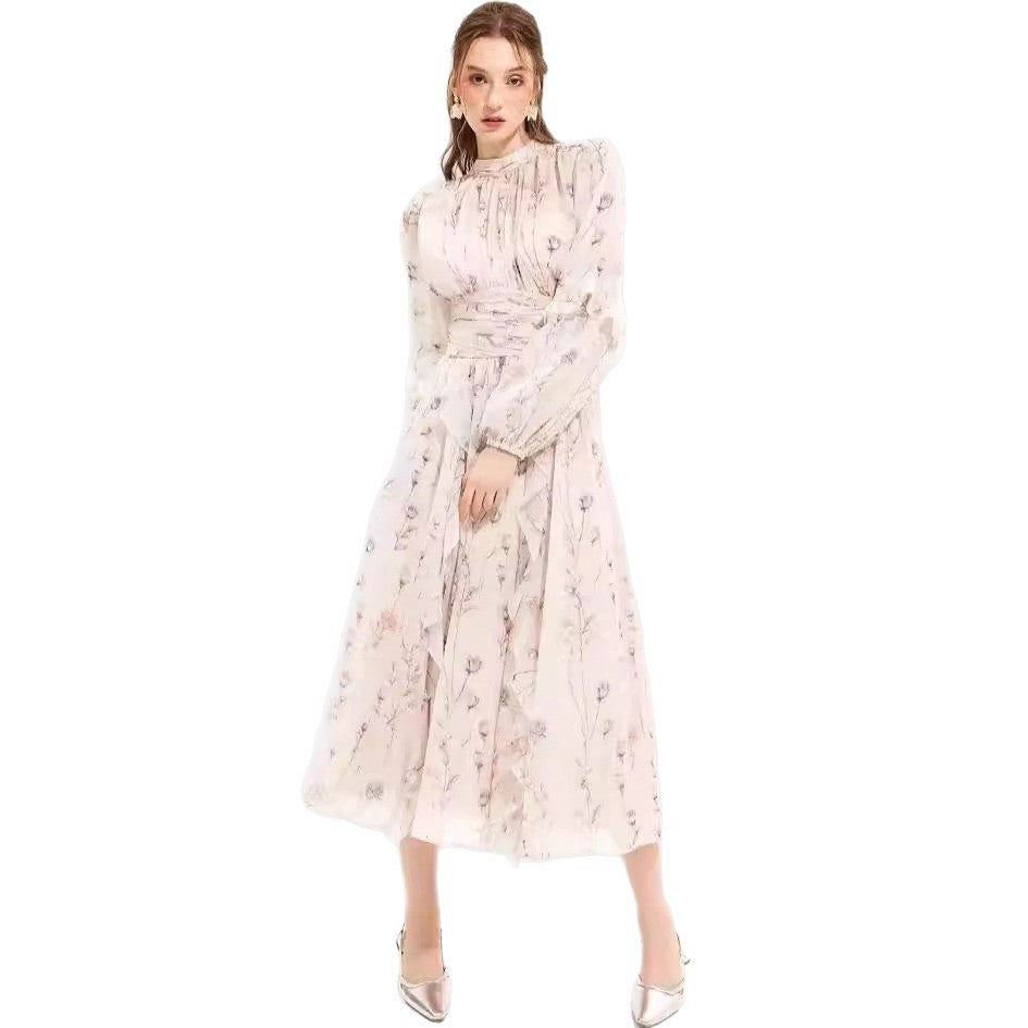 Image of Vestido largo de gasa con volantes en color albaricoque para mujer
