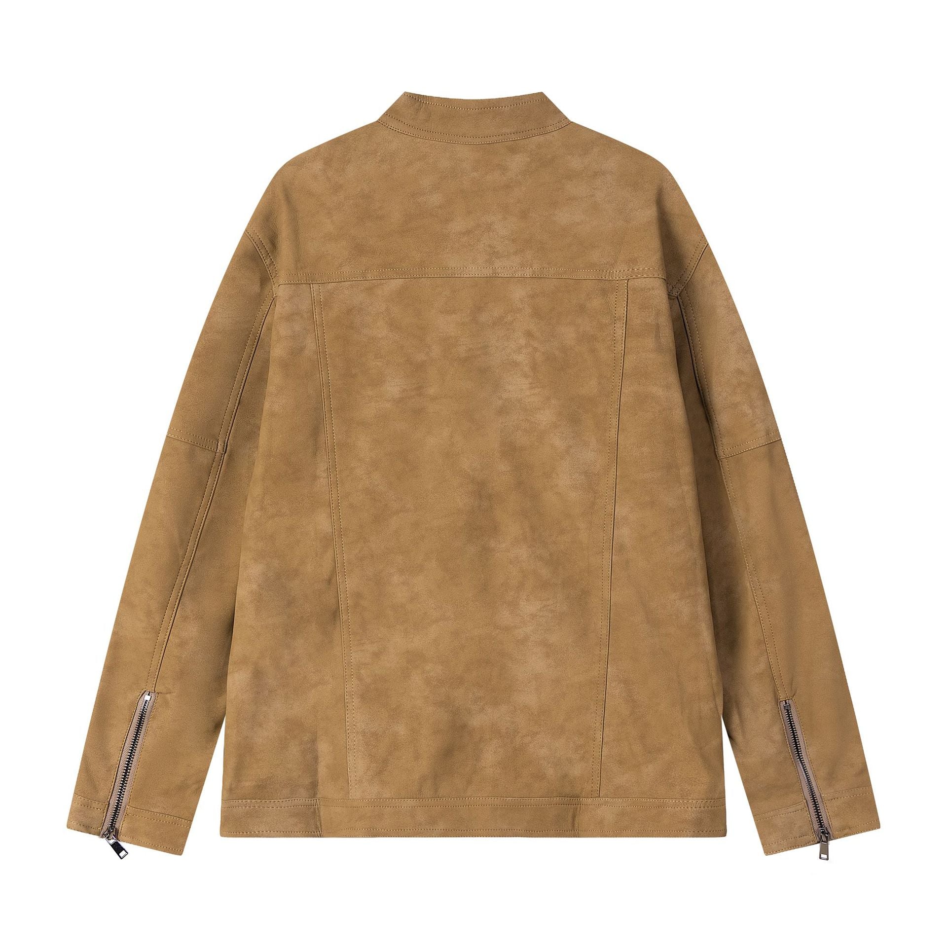 Image of Chaqueta de cremallera en piel sintética color caqui de corte holgado