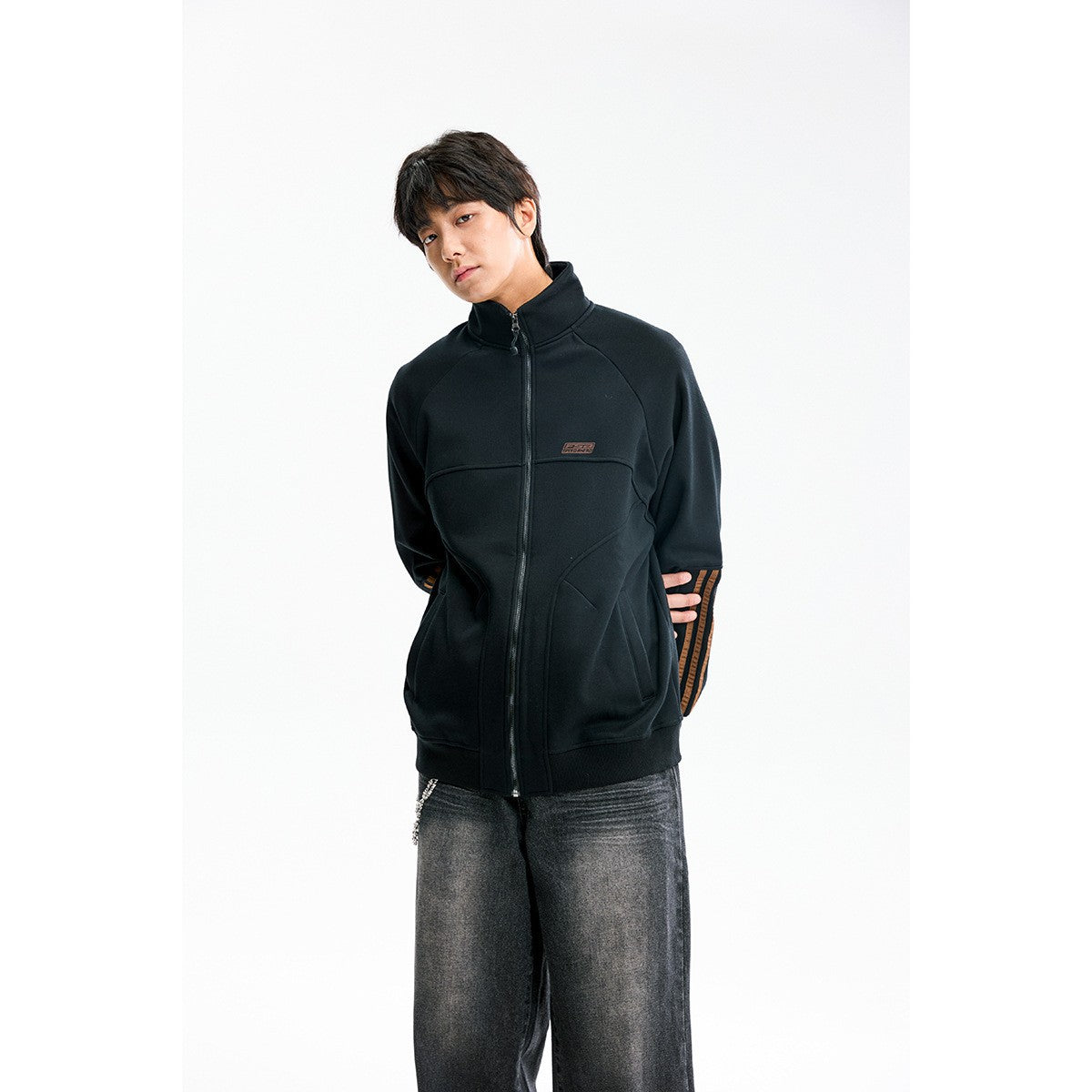 Image of Fleece-lined stand collar cotton zip-up hoodie