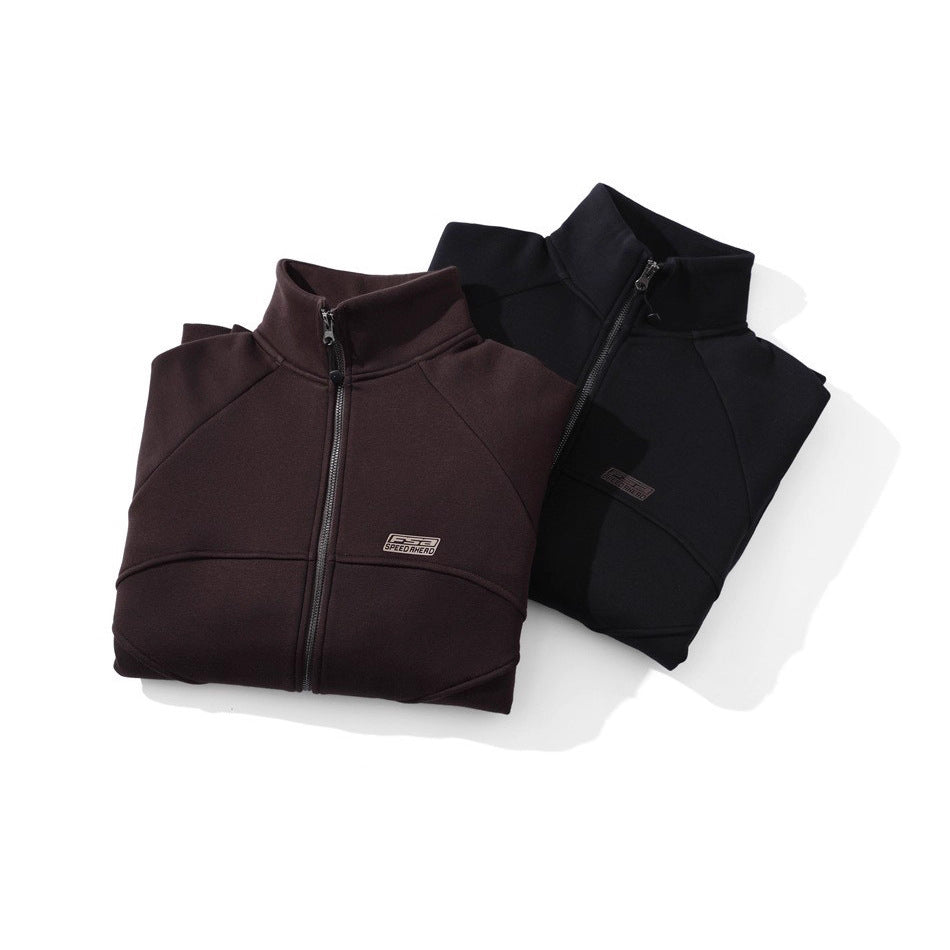 Image of Fleece-lined stand collar cotton zip-up hoodie