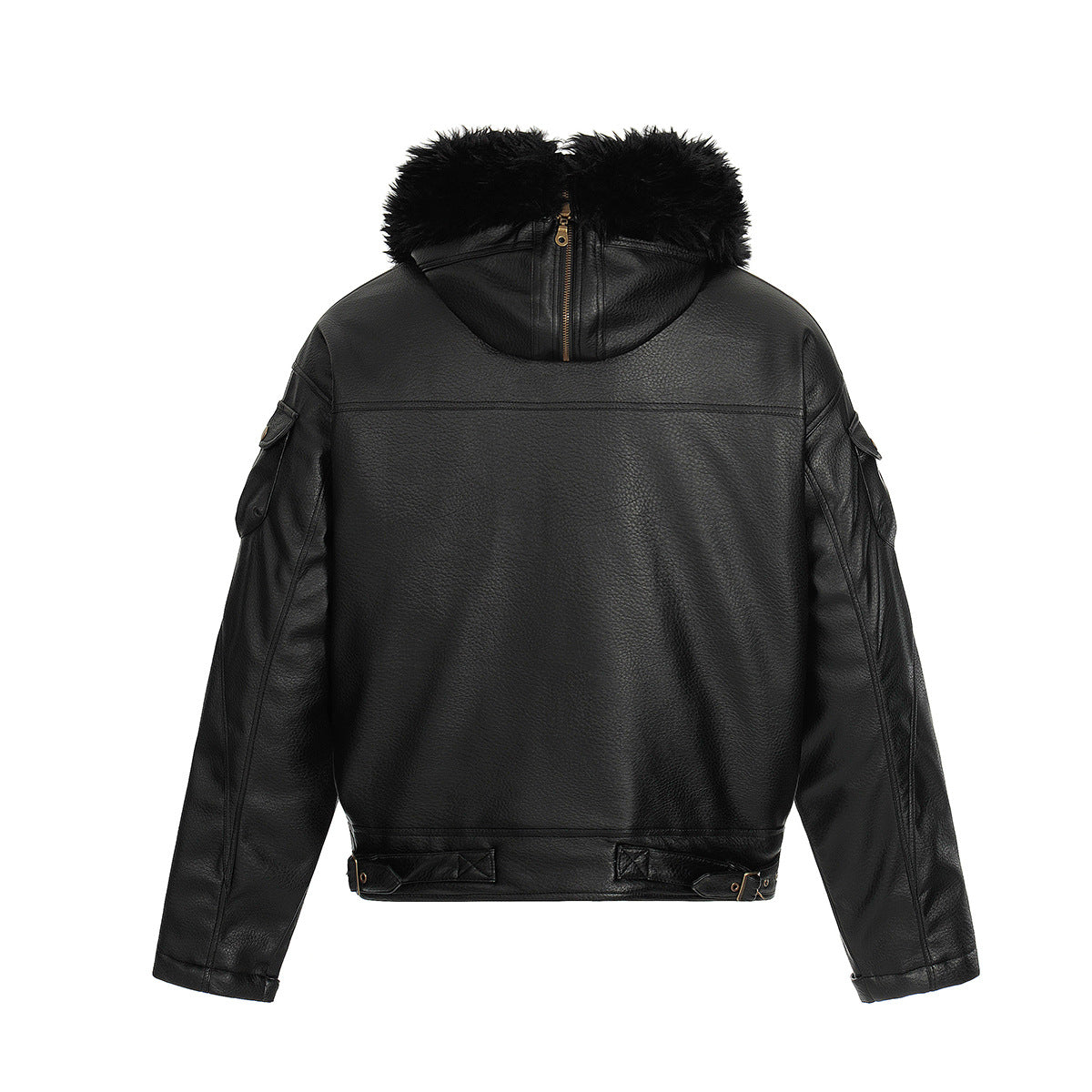 Hooded padded faux leather zip-up jacket