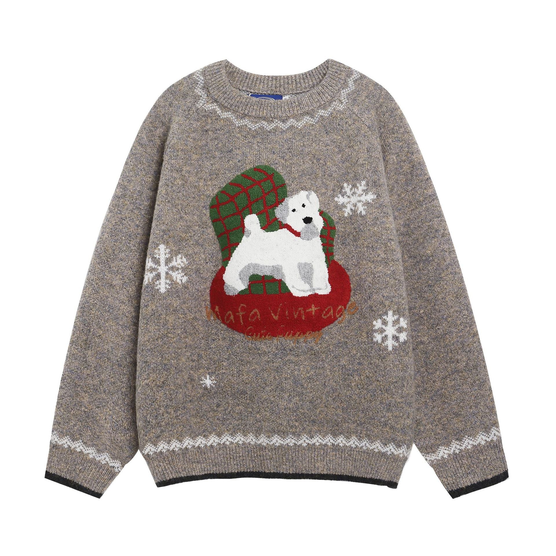 Image of Zeratta Khaki dog graphic Christmas pullover sweater