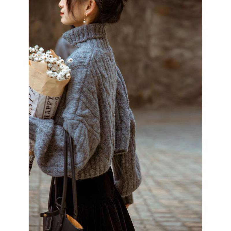Image of Gray cable knit high neck pullover sweater