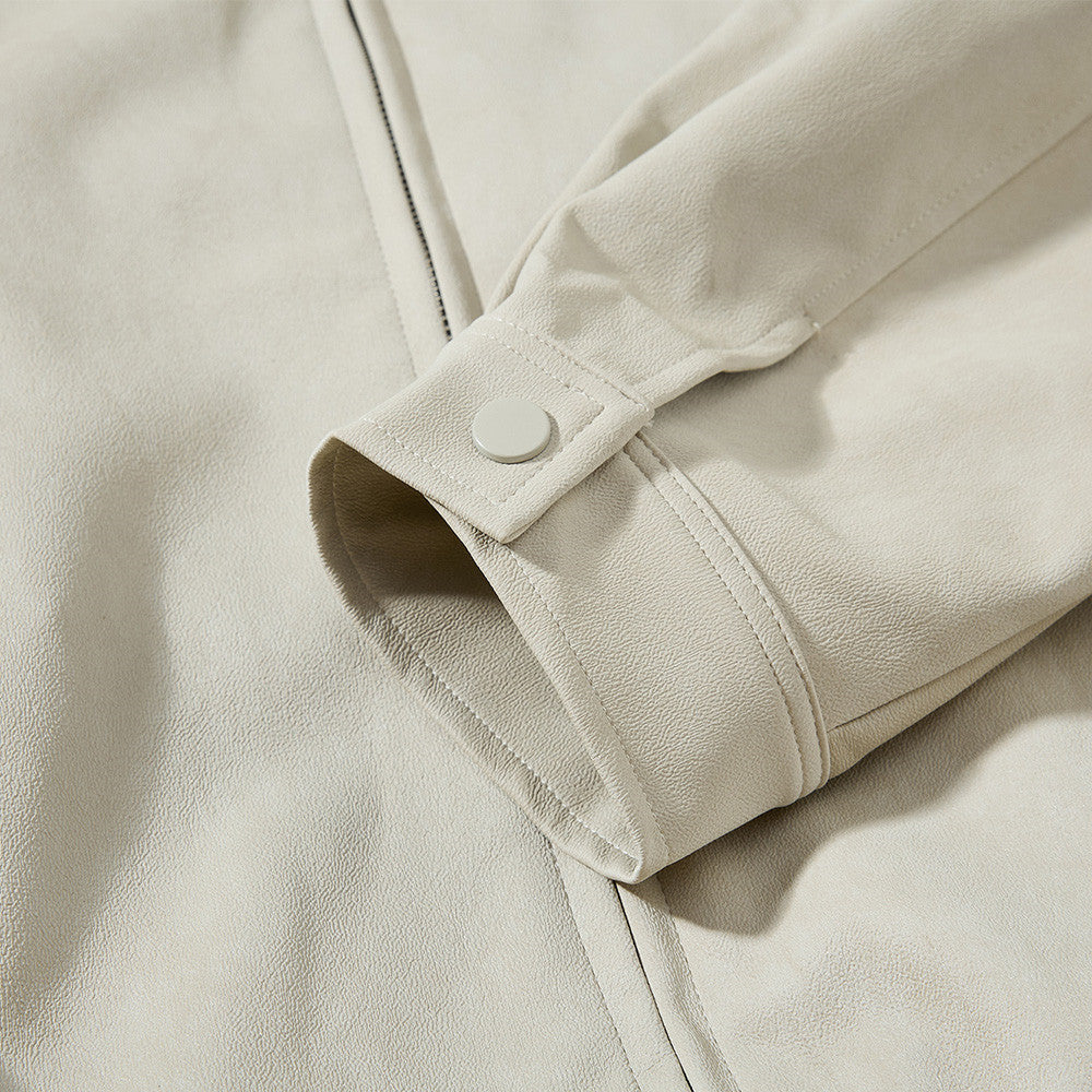 Image of Loose fit stand collar faux leather zip-up jacket