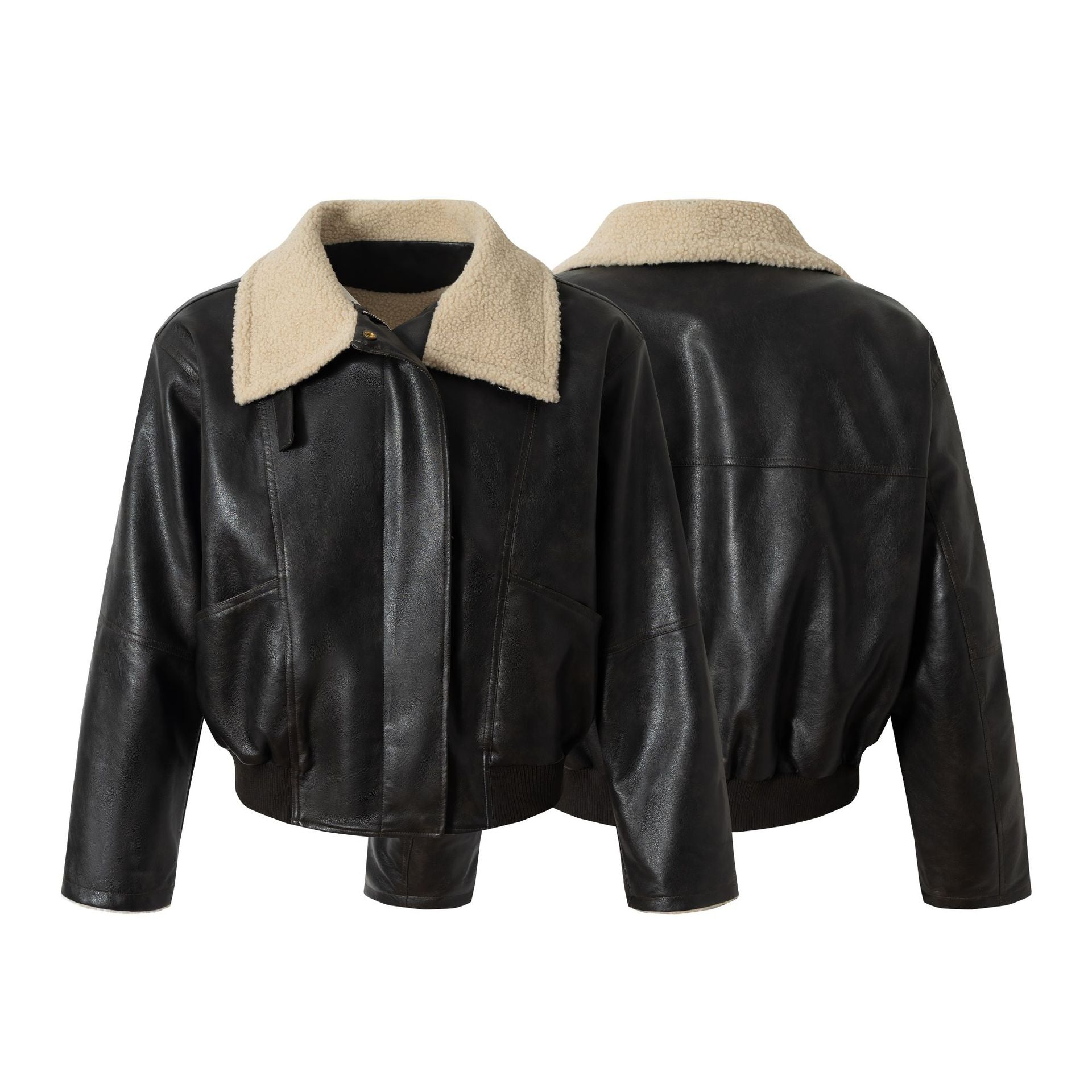 Image of Chaqueta negra de cuero sintético con cremallera y forro polar