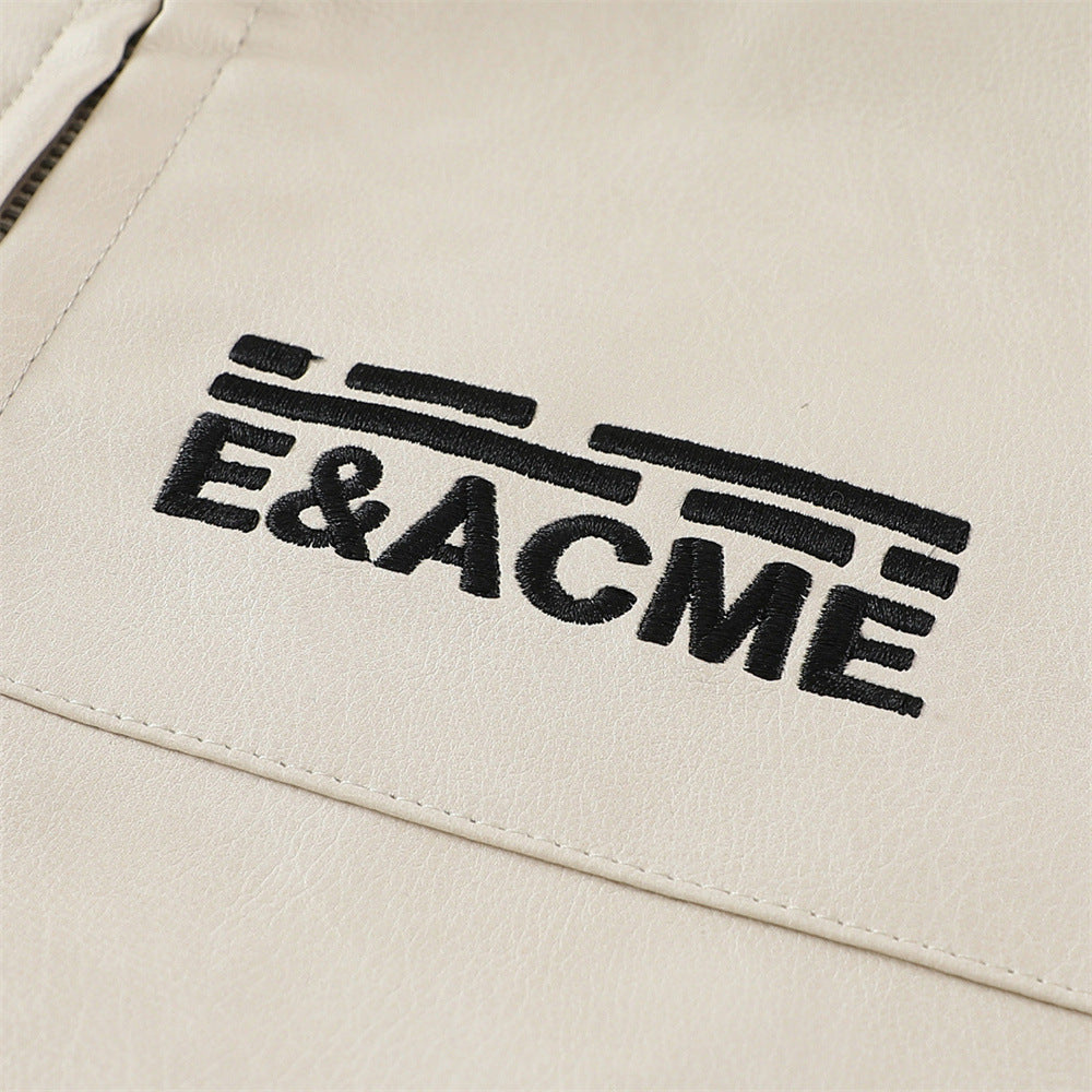 Image of Chaqueta de piel sintética con cuello mao y diseño bicolor