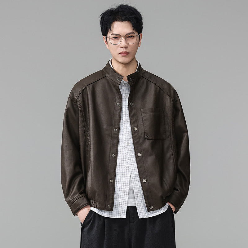 Men's stand collar faux leather zip-up jacket