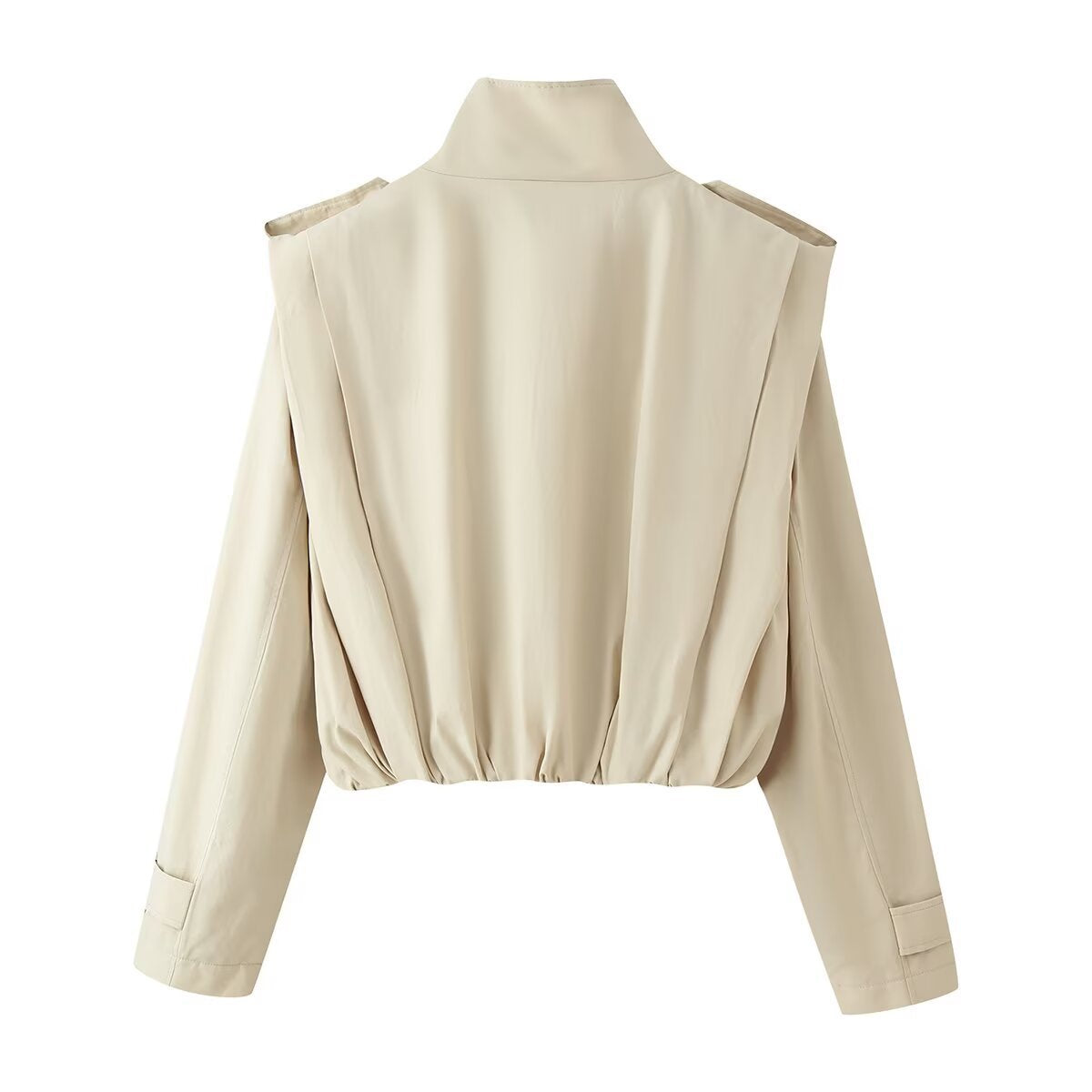 Image of Women's beige pleated stand collar trench coat