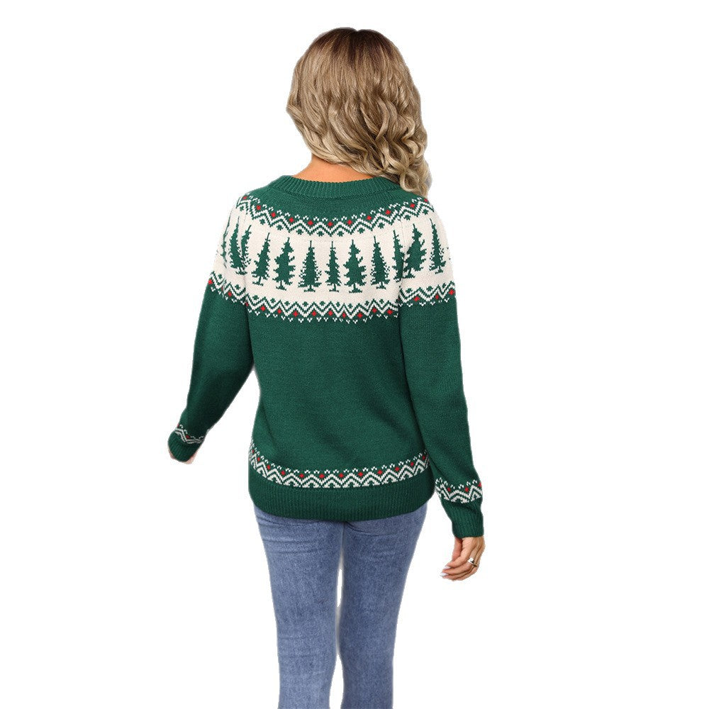 Image of Suéter de jacquard verde con diseño de árbol de Navidad para mujer