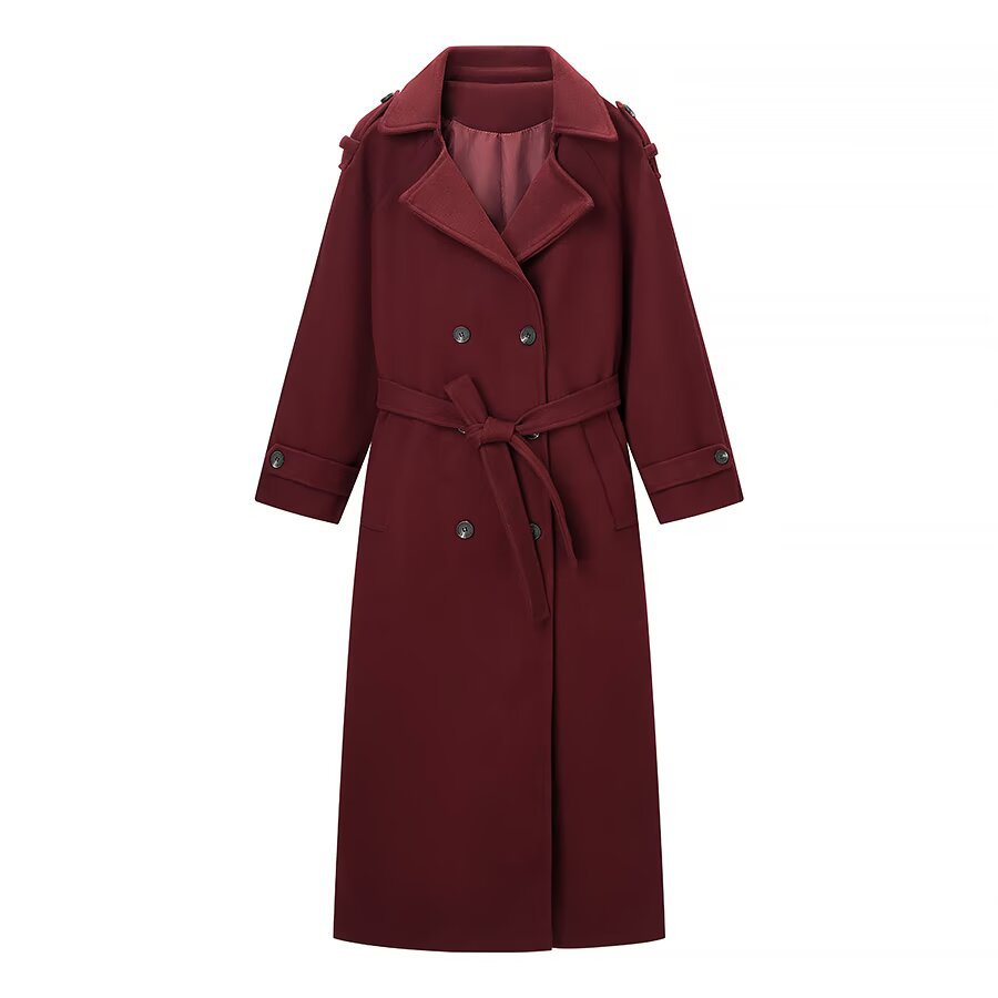 Gabardina cruzada con cinturón color burdeos para mujer