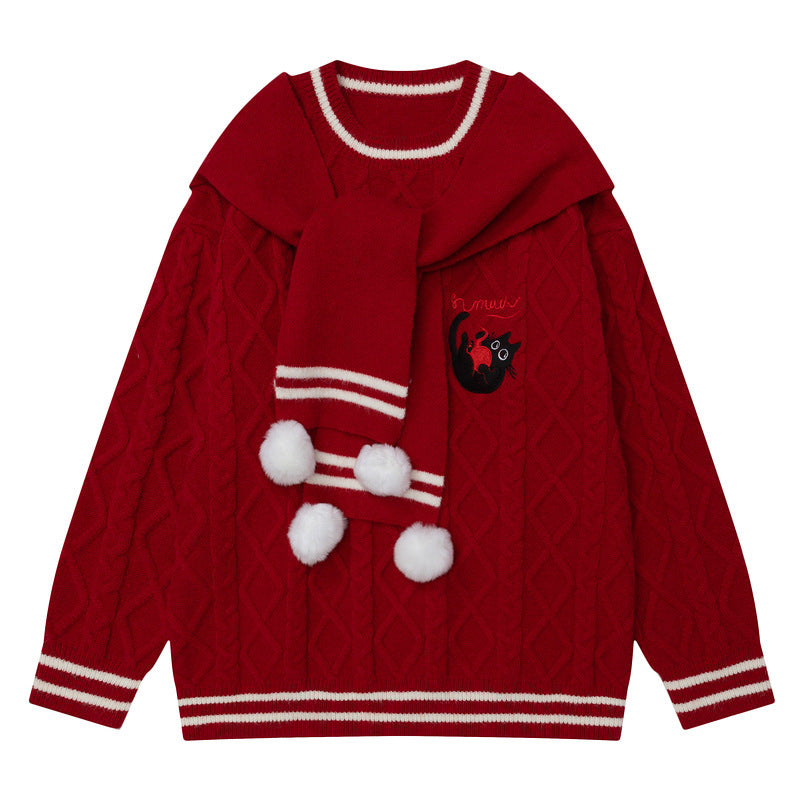 Unisex Christmas knit sweater with attached scarf