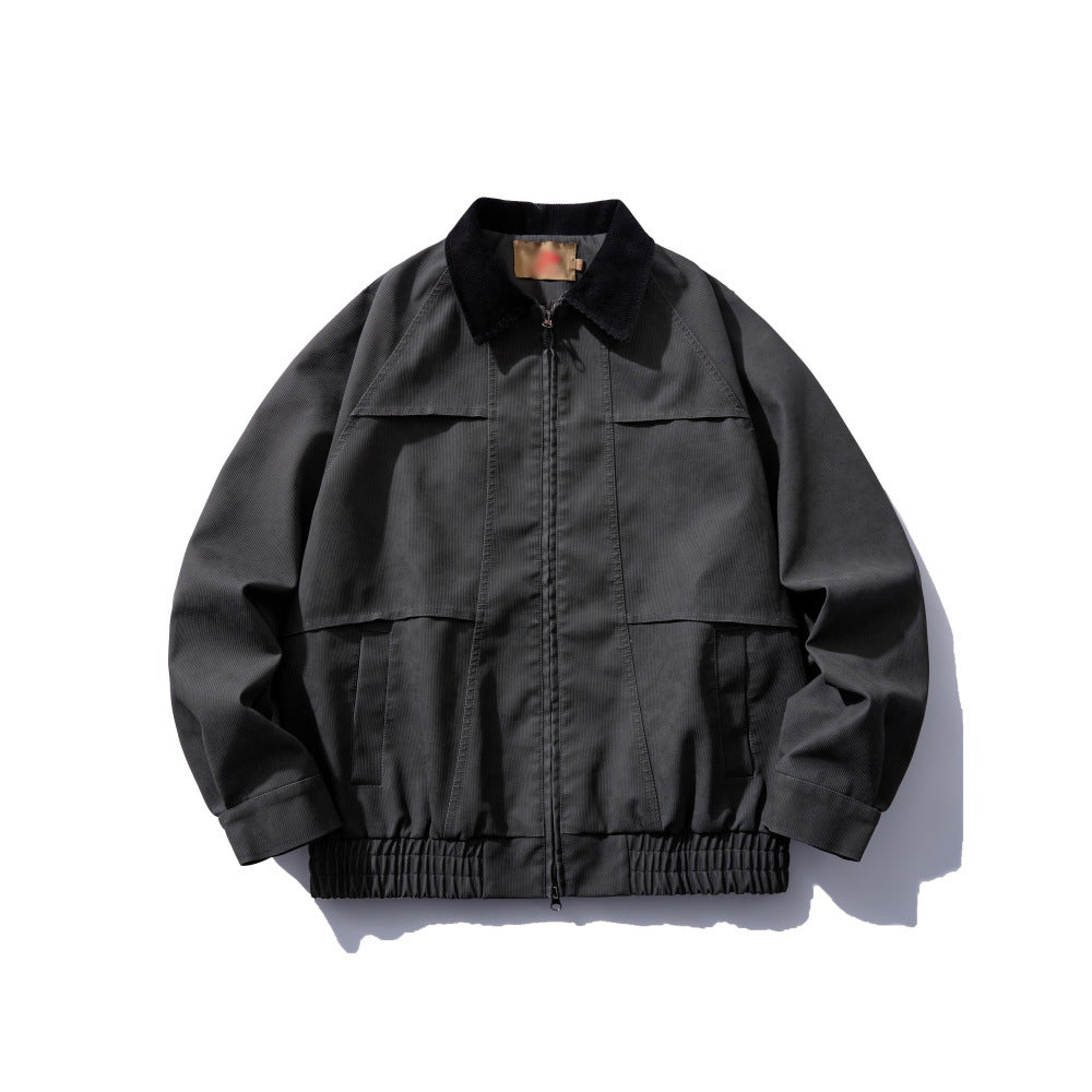 Contrast faux leather collar zip-up jacket