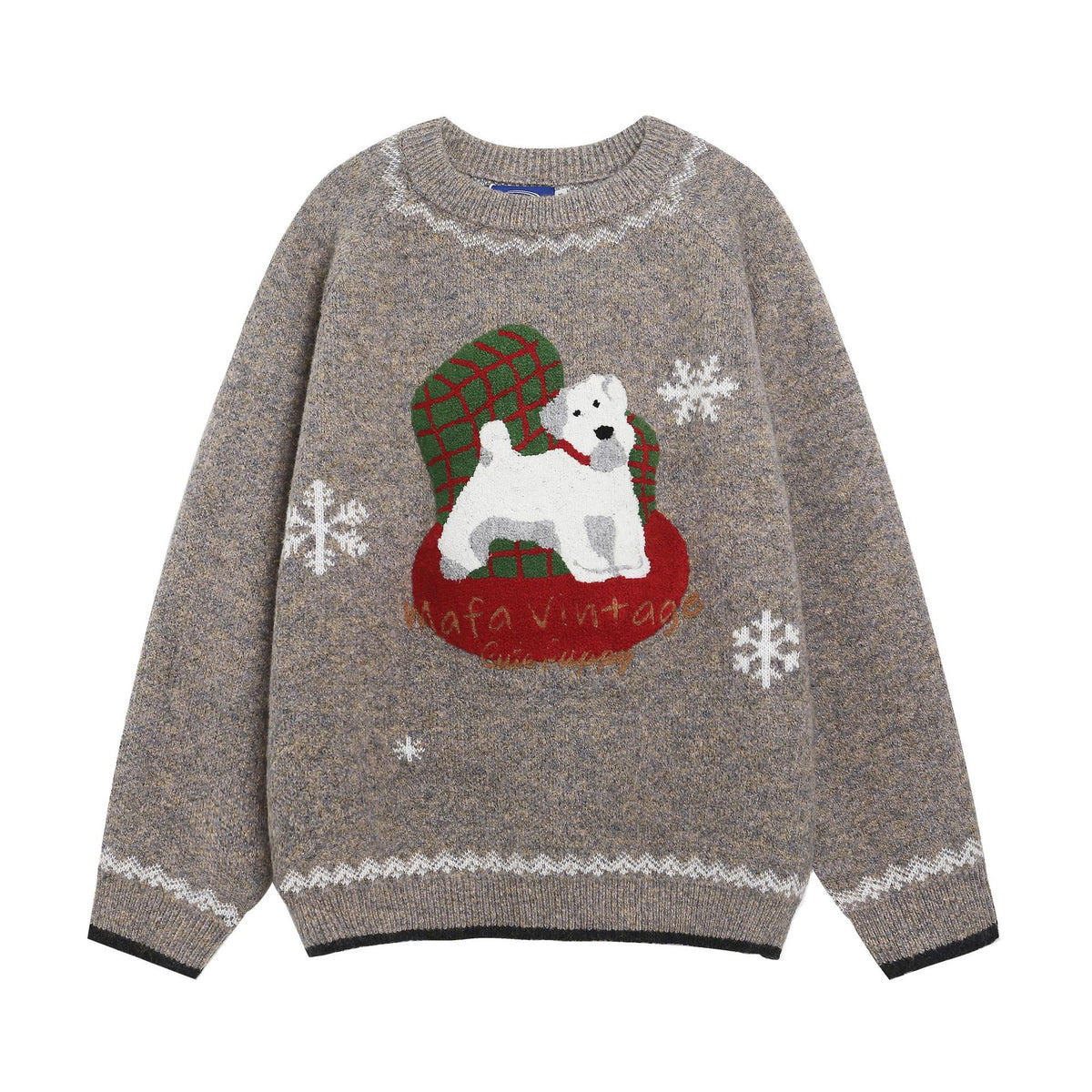 Khaki dog graphic Christmas pullover sweater