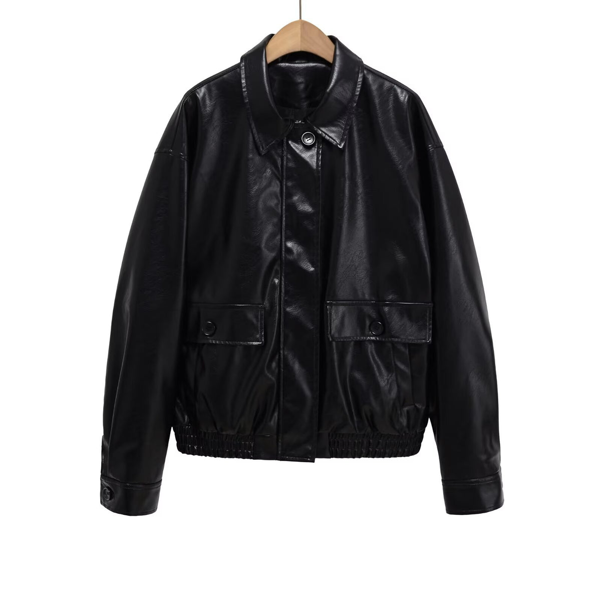 Women's loose fit black faux leather biker jacket