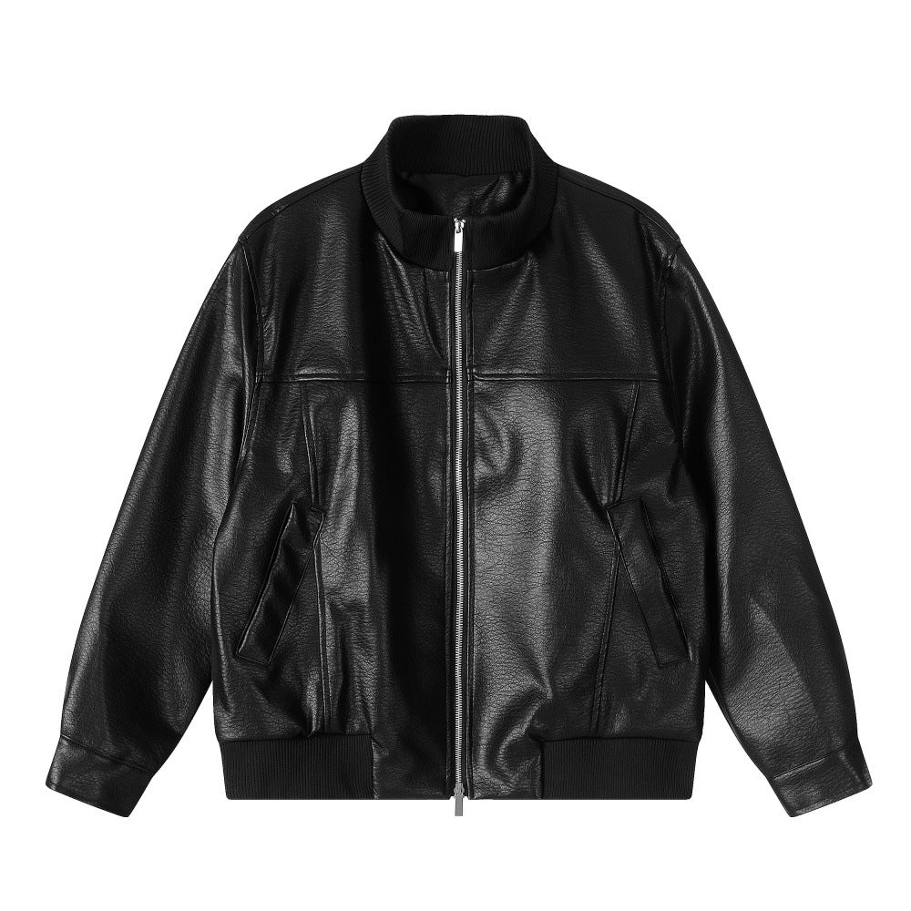 Black stand collar faux leather zip-up jacket