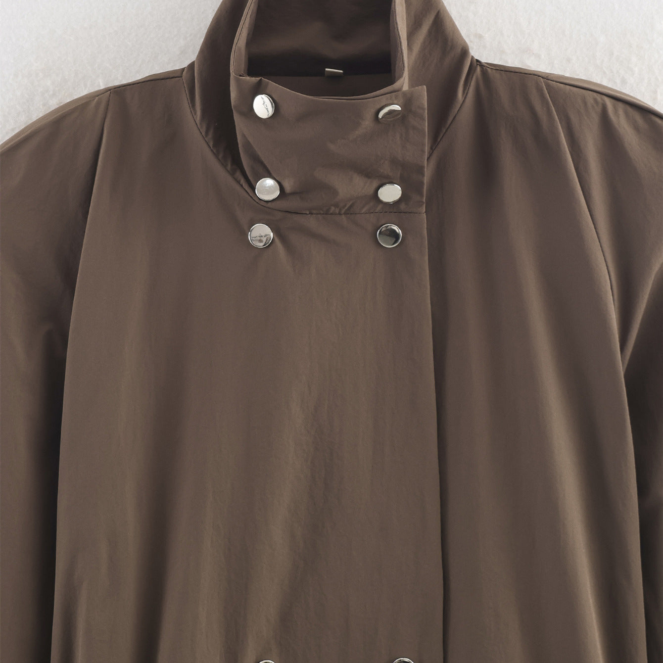 Image of Women's brown fitted belted stand collar trench coat
