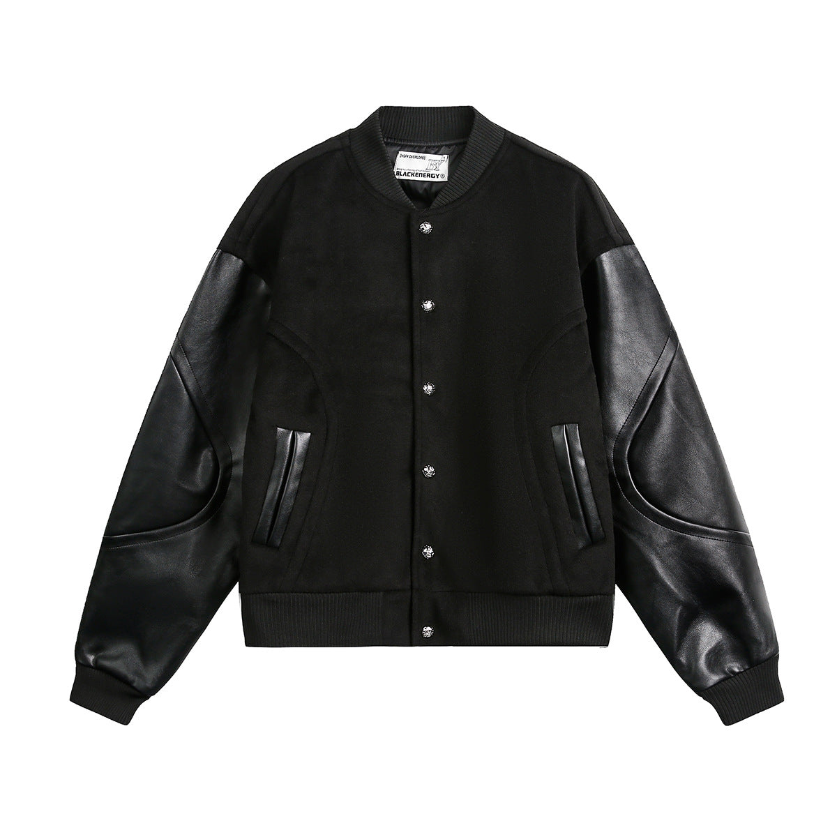 Image of Black relaxed fit button-front baseball jacket