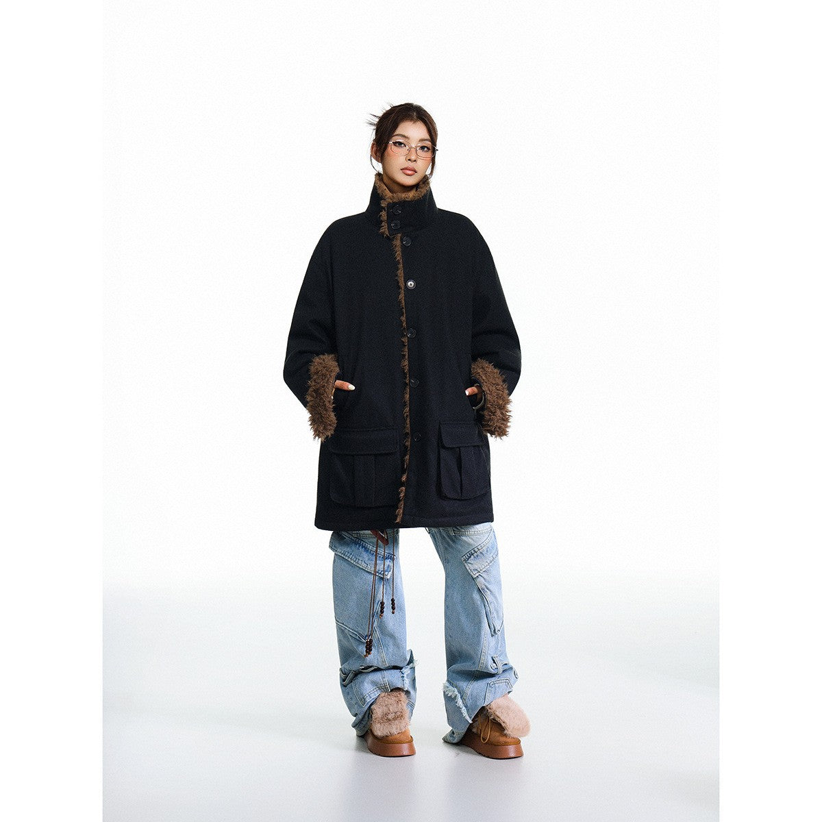 Image of Unisex long stand collar polyester trench coat