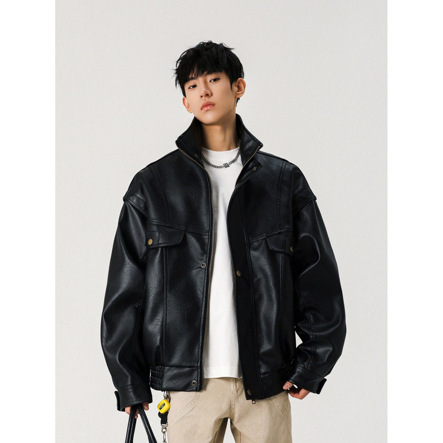 Image of Chaqueta motera de cuello mao para hombre, acolchada o sin acolchar