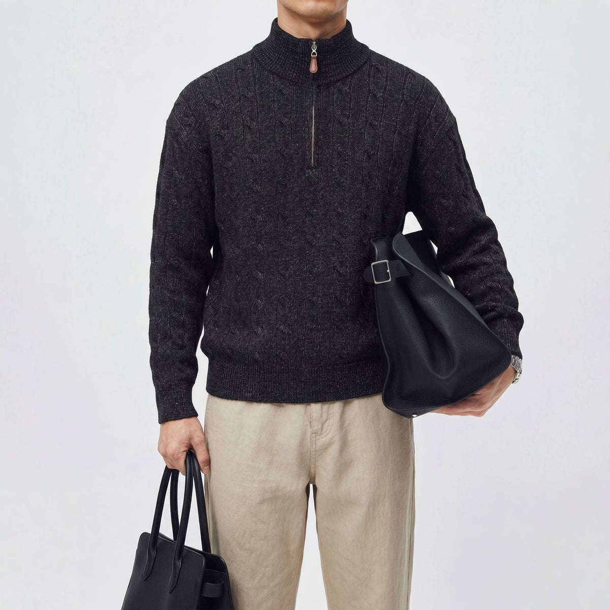 Men's loose fit stand collar half-zip sweater