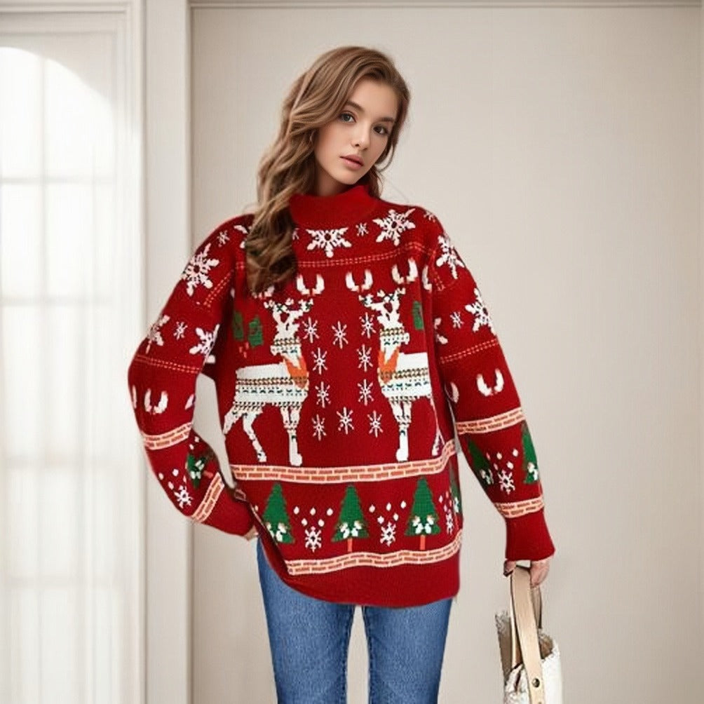 Jersey de punto navideño con estampado de renos dobles