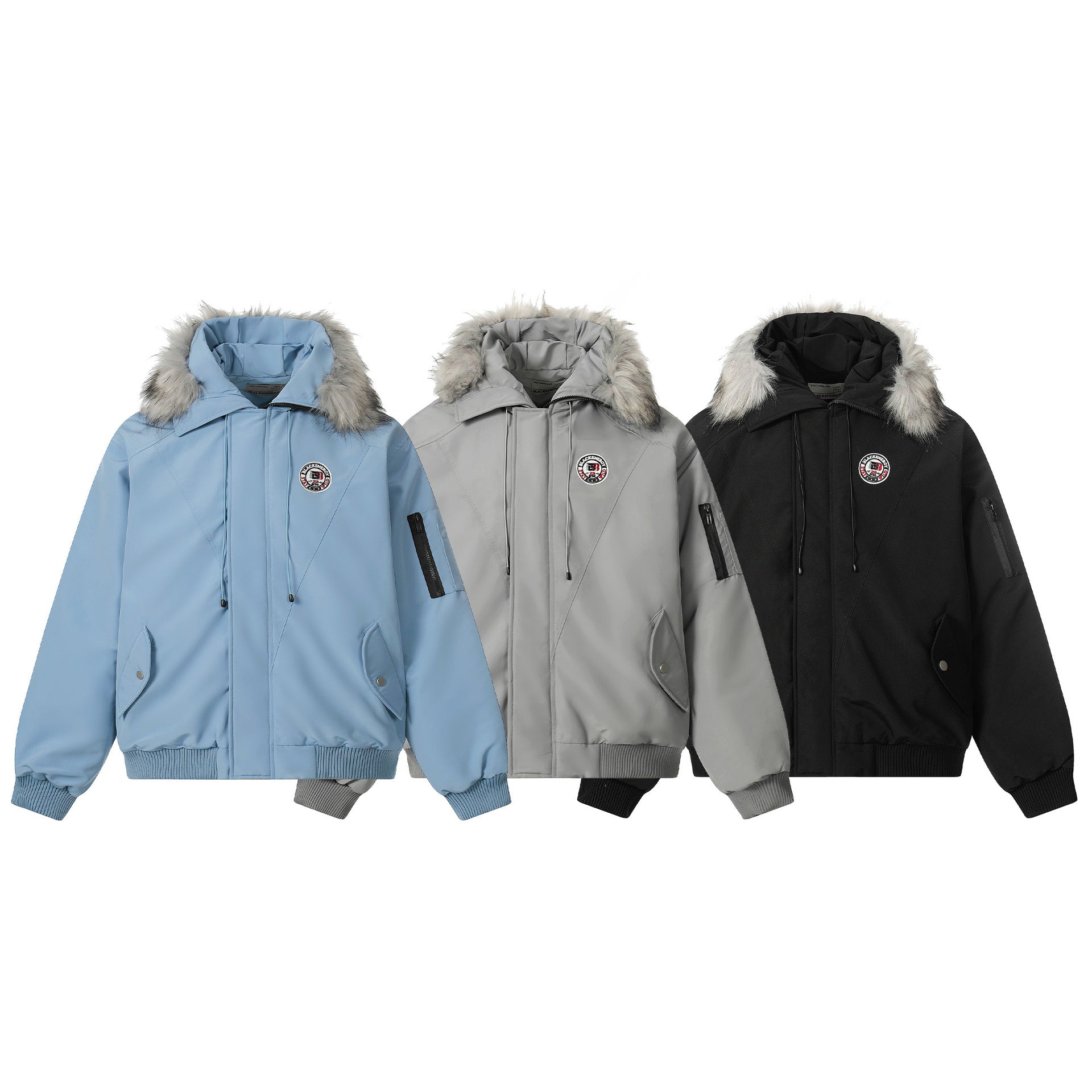 Image of Cotton padded zip-up jacket with fur collar