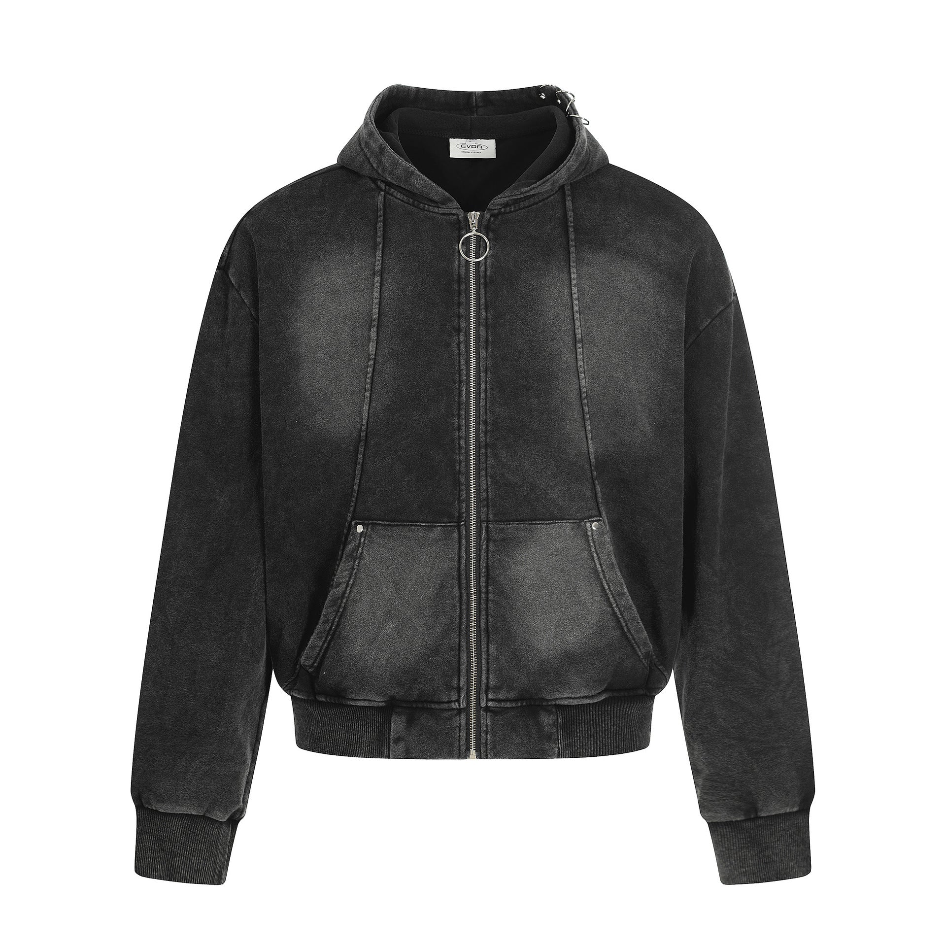 Image of Zeratta Black distressed cotton zip-up hoodie