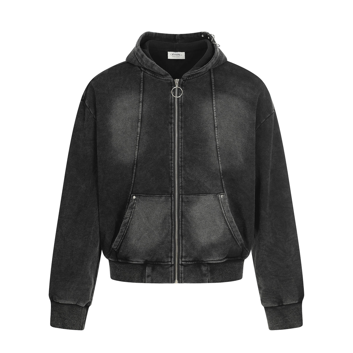 Black distressed cotton zip-up hoodie