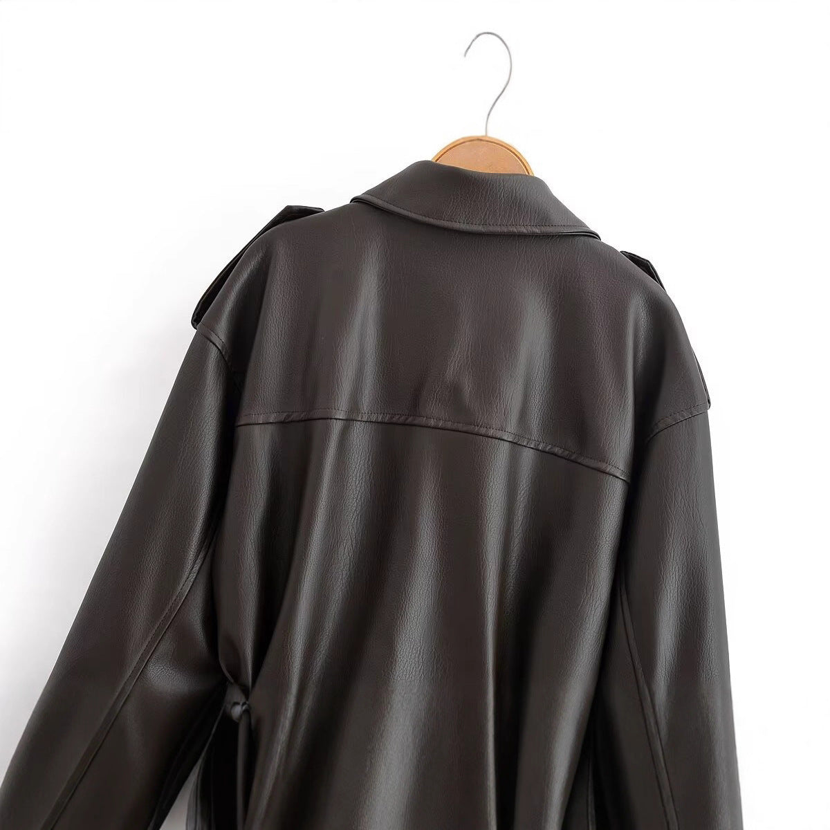 Image of Women's belted two-tone faux leather jacket