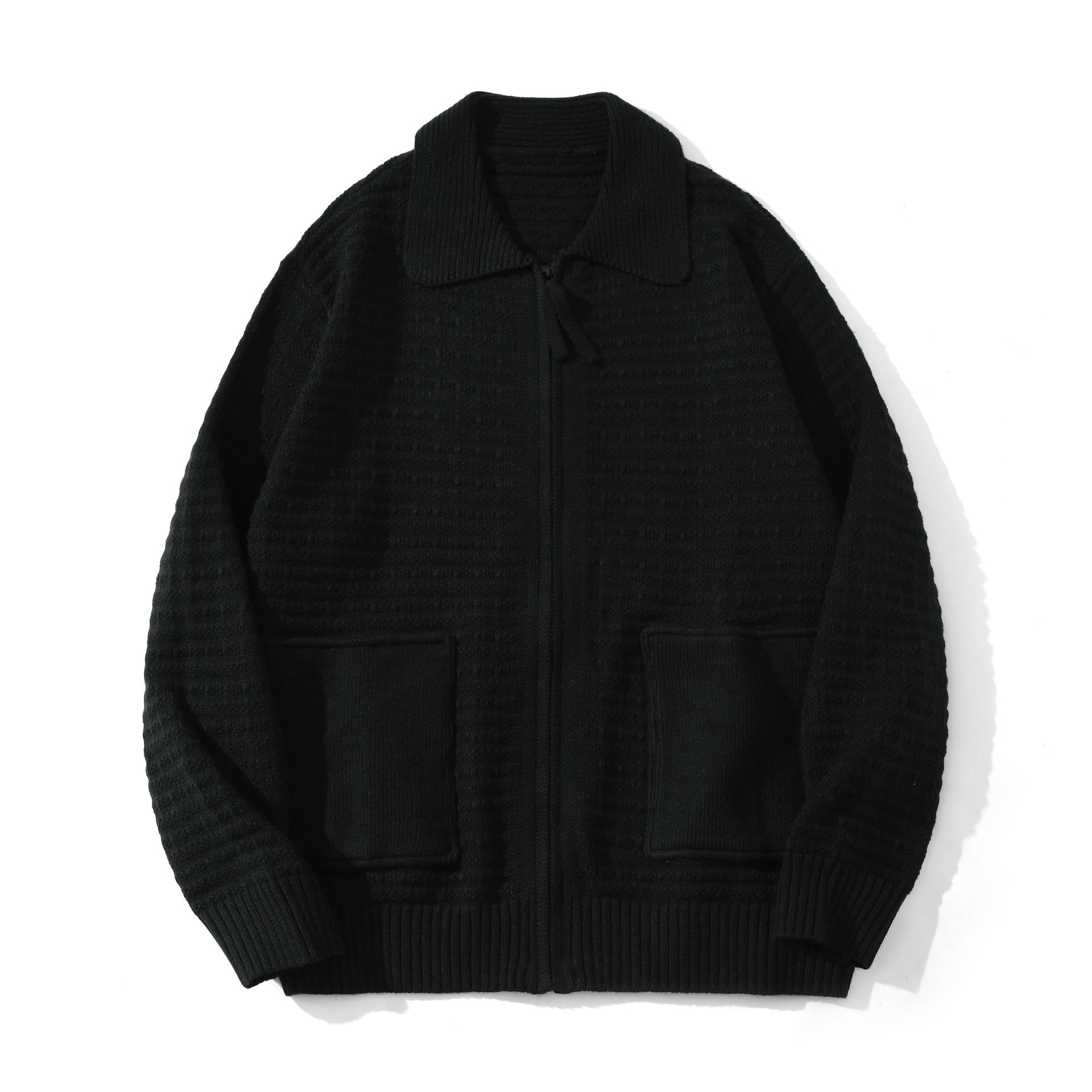 Image of Acrylic knit collared zip-up cardigan