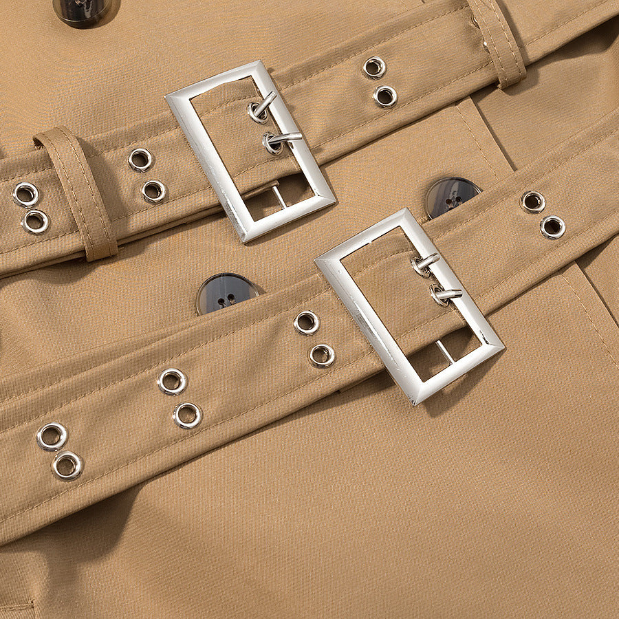 Women's khaki single-breasted lapel trench coat