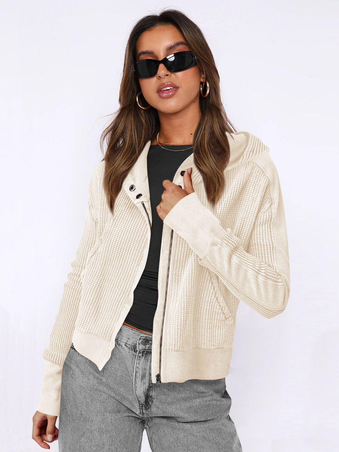 Women's colorblock waffle knit zip-up jacket