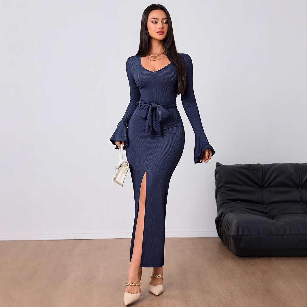Vestido largo con cuello en V y cordones para mujer