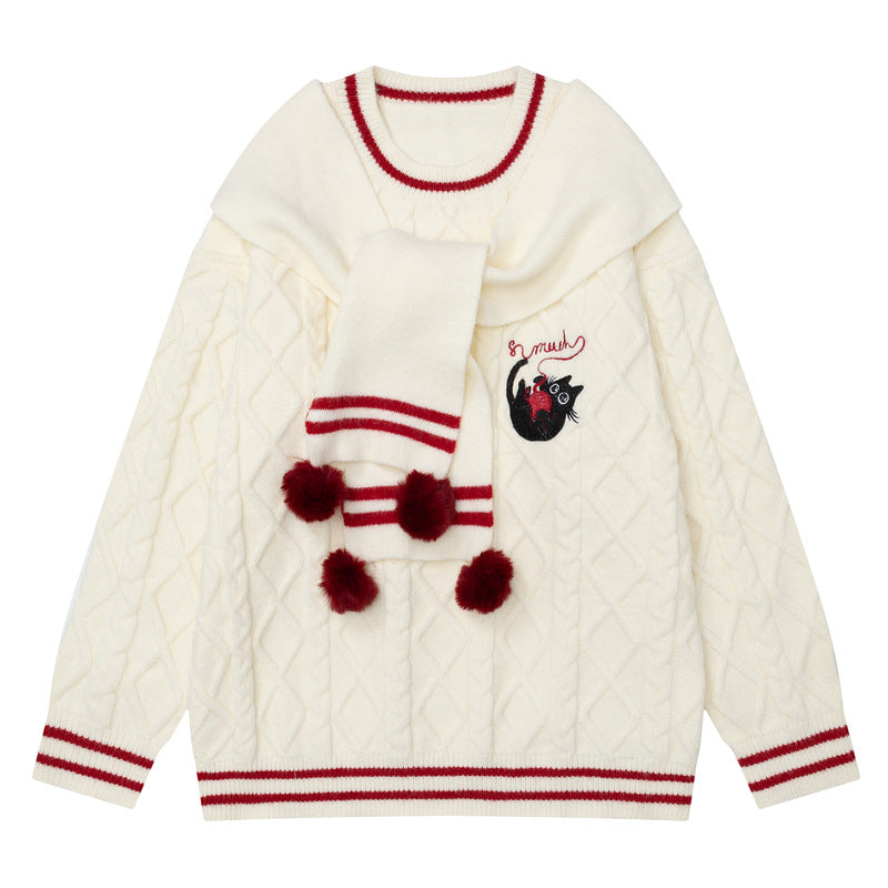 Image of Unisex Christmas knit sweater with attached scarf